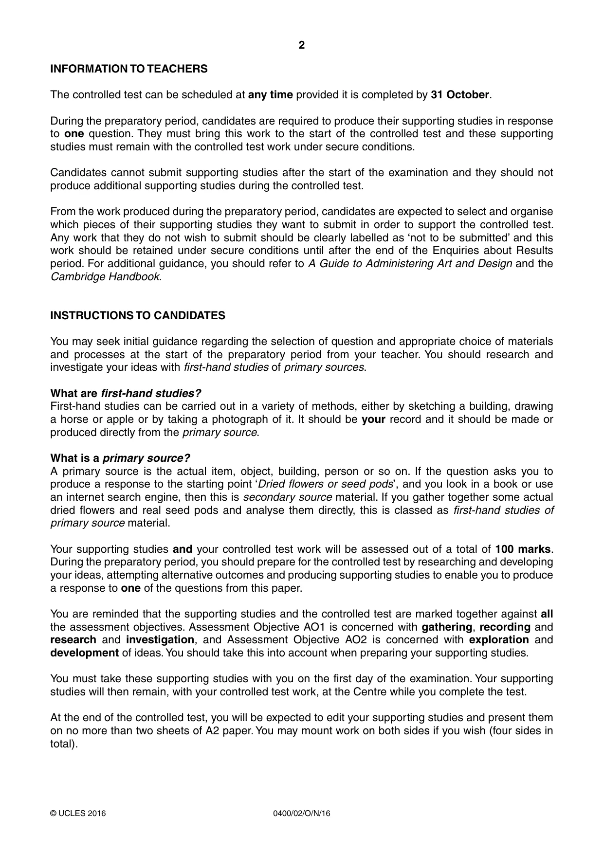 Cambridge IGCSE Art and Design 0400 2016 Oct/Nov Paper 2 · Variant 0 question paper, page 2 of 4