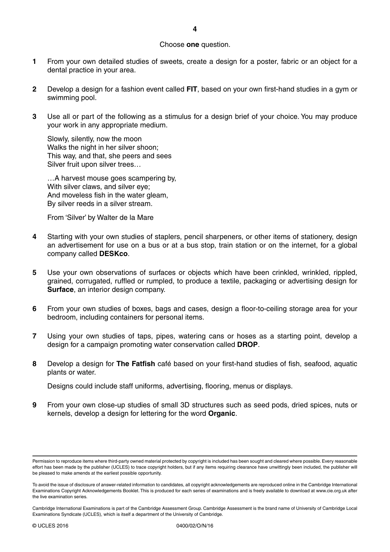 Cambridge IGCSE Art and Design 0400 2016 Oct/Nov Paper 2 · Variant 0 question paper, page 4 of 4