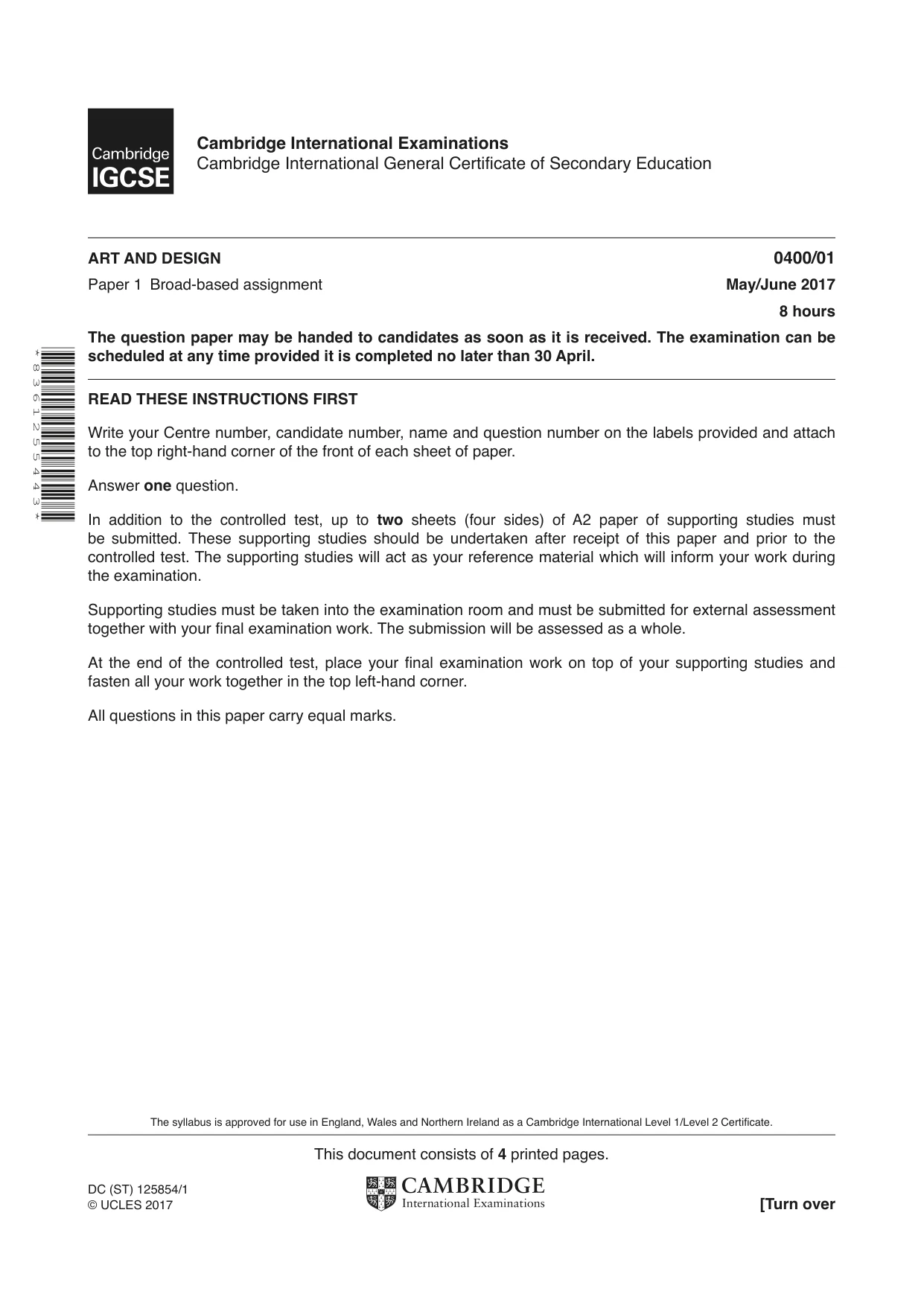 Cambridge IGCSE Art and Design 0400 2017 May/June Paper 1 · Variant 1 question paper, page 1 of 4
