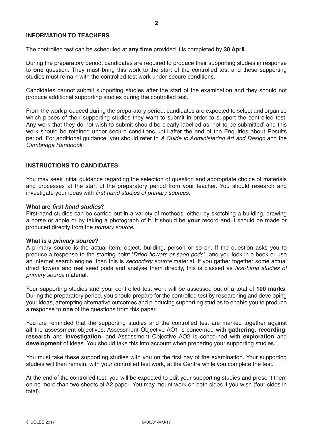 Cambridge IGCSE Art and Design 0400 2017 May/June Paper 1 · Variant 1 question paper, page 2 of 4