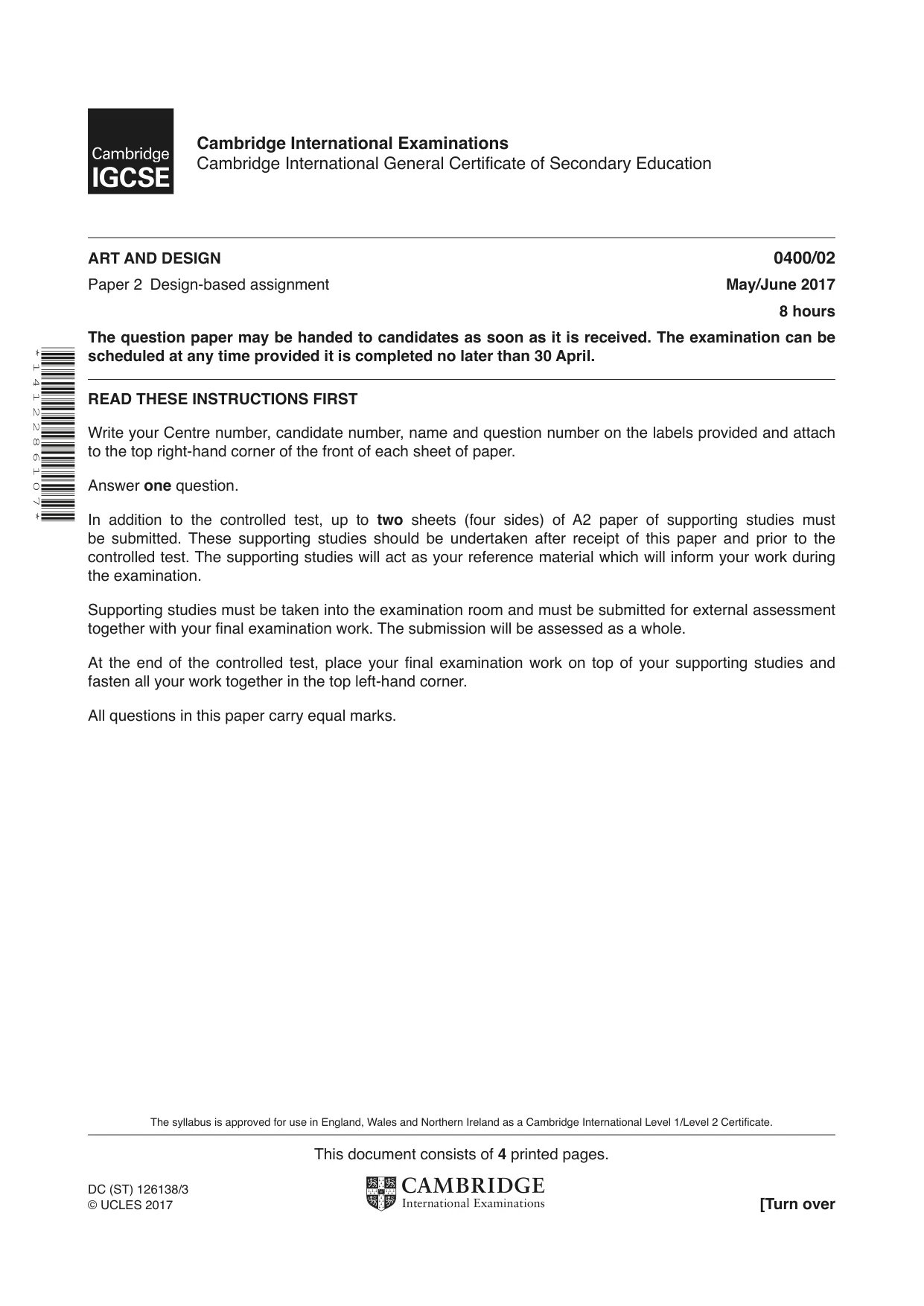 Cambridge IGCSE Art and Design 0400 2017 May/June Paper 2 · Variant 1 question paper, page 1 of 4