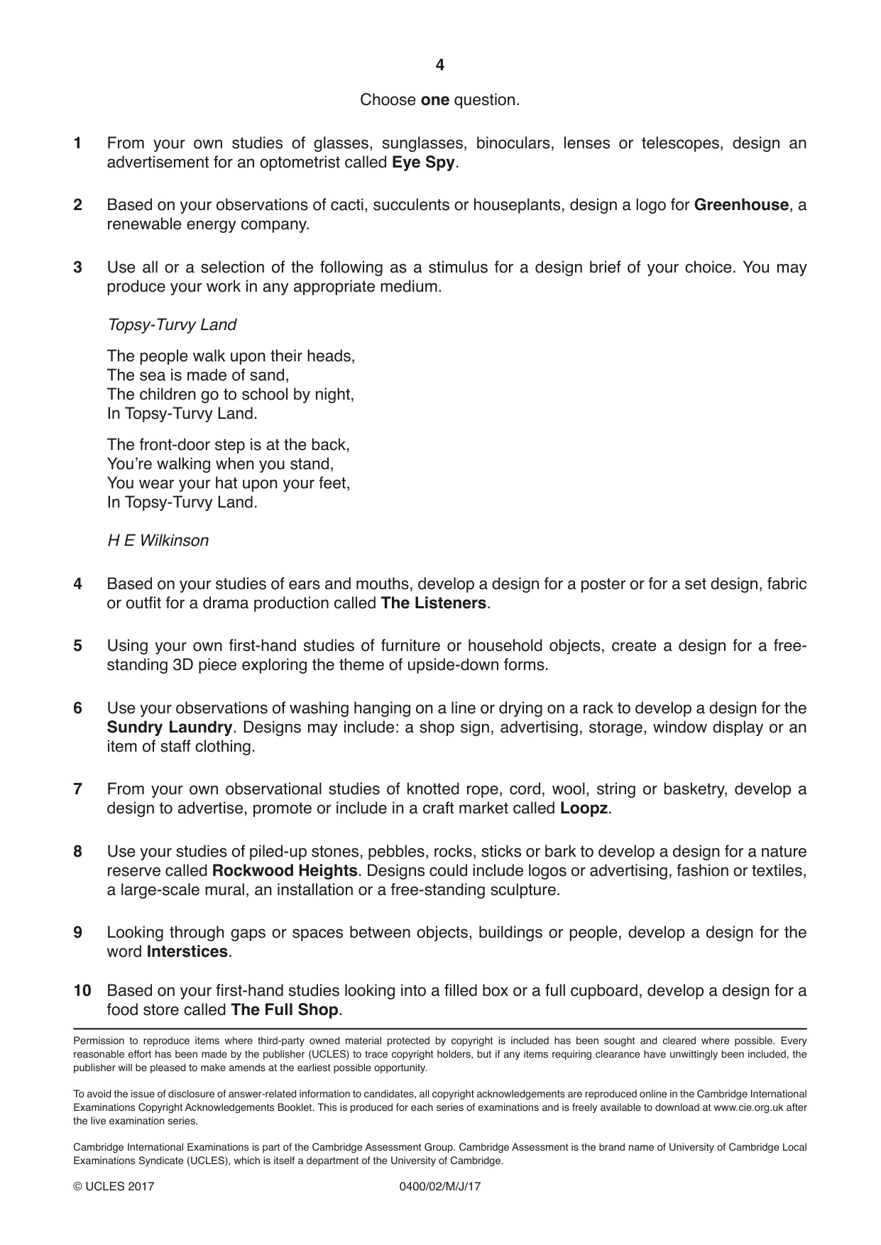 Cambridge IGCSE Art and Design 0400 2017 May/June Paper 2 · Variant 1 question paper, page 4 of 4