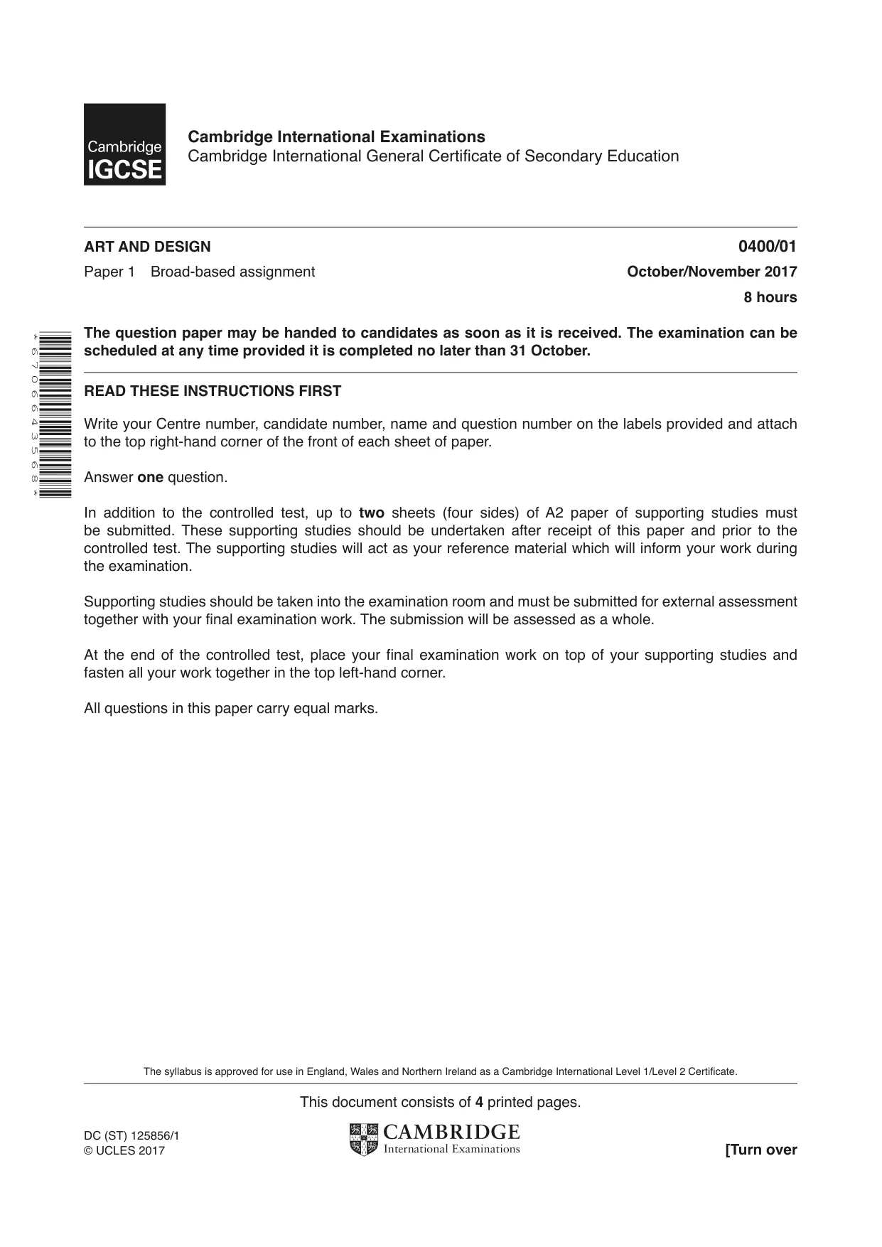 Cambridge IGCSE Art and Design 0400 2017 Oct/Nov Paper 1 · Variant 1 question paper, page 1 of 4