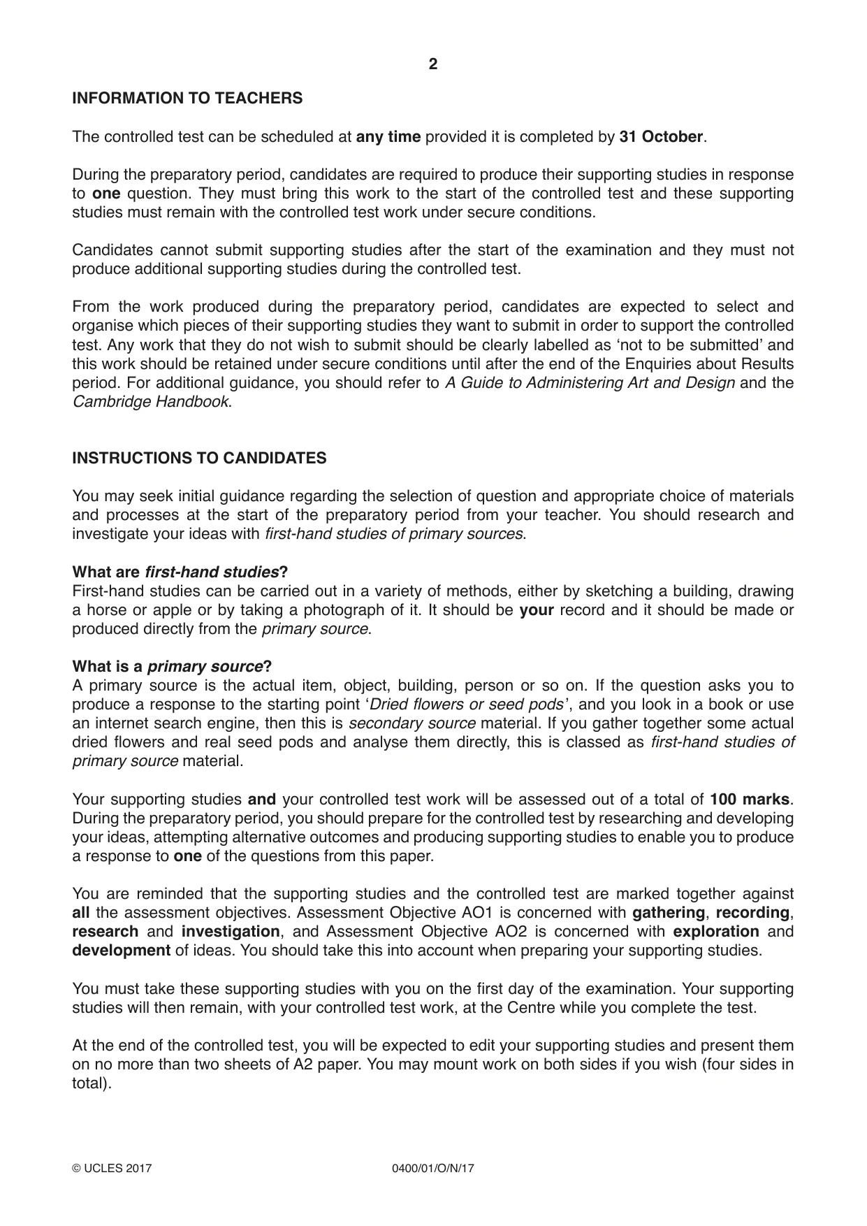 Cambridge IGCSE Art and Design 0400 2017 Oct/Nov Paper 1 · Variant 1 question paper, page 2 of 4