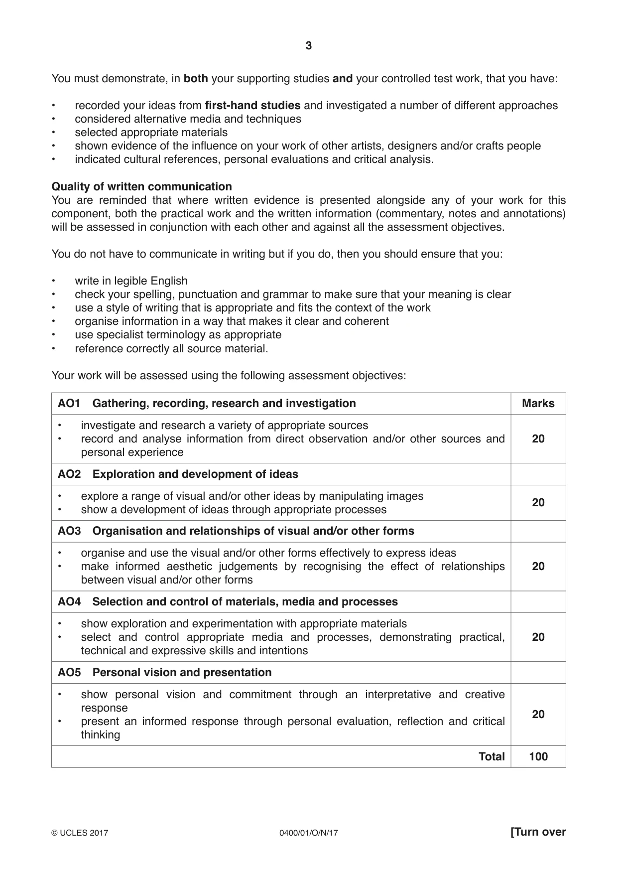 Cambridge IGCSE Art and Design 0400 2017 Oct/Nov Paper 1 · Variant 1 question paper, page 3 of 4