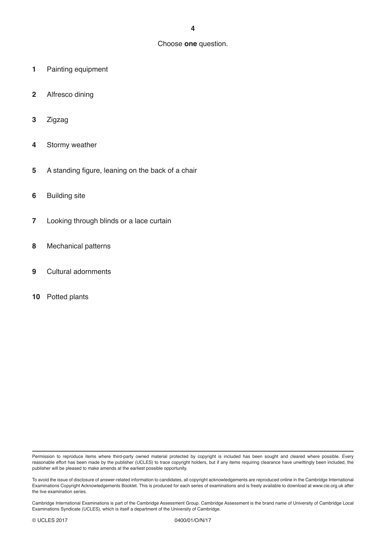Cambridge IGCSE Art and Design 0400 2017 Oct/Nov Paper 1 · Variant 1 question paper, page 4 of 4