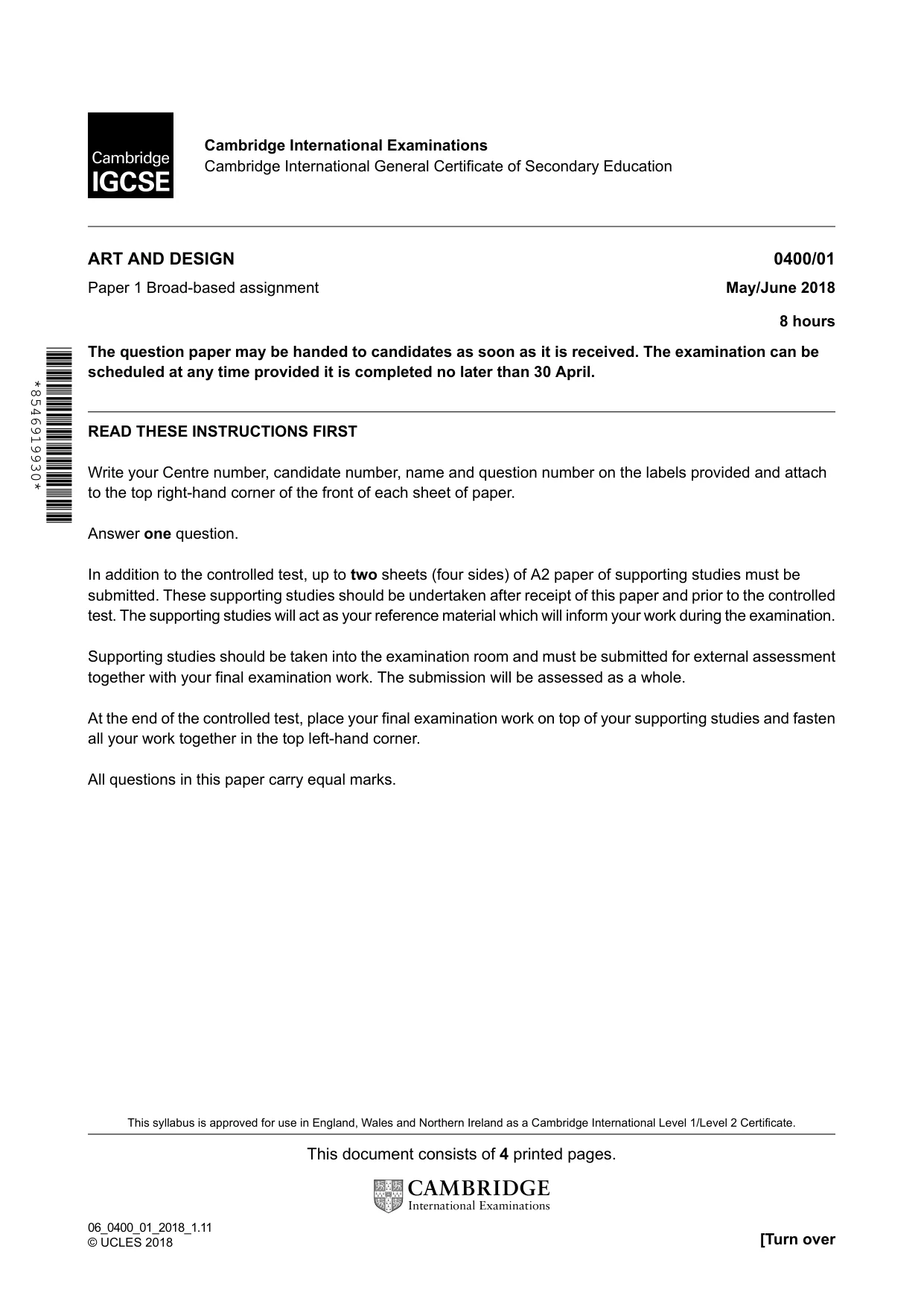 Cambridge IGCSE Art and Design 0400 2018 May/June Paper 1 · Variant 0 question paper, page 1 of 4