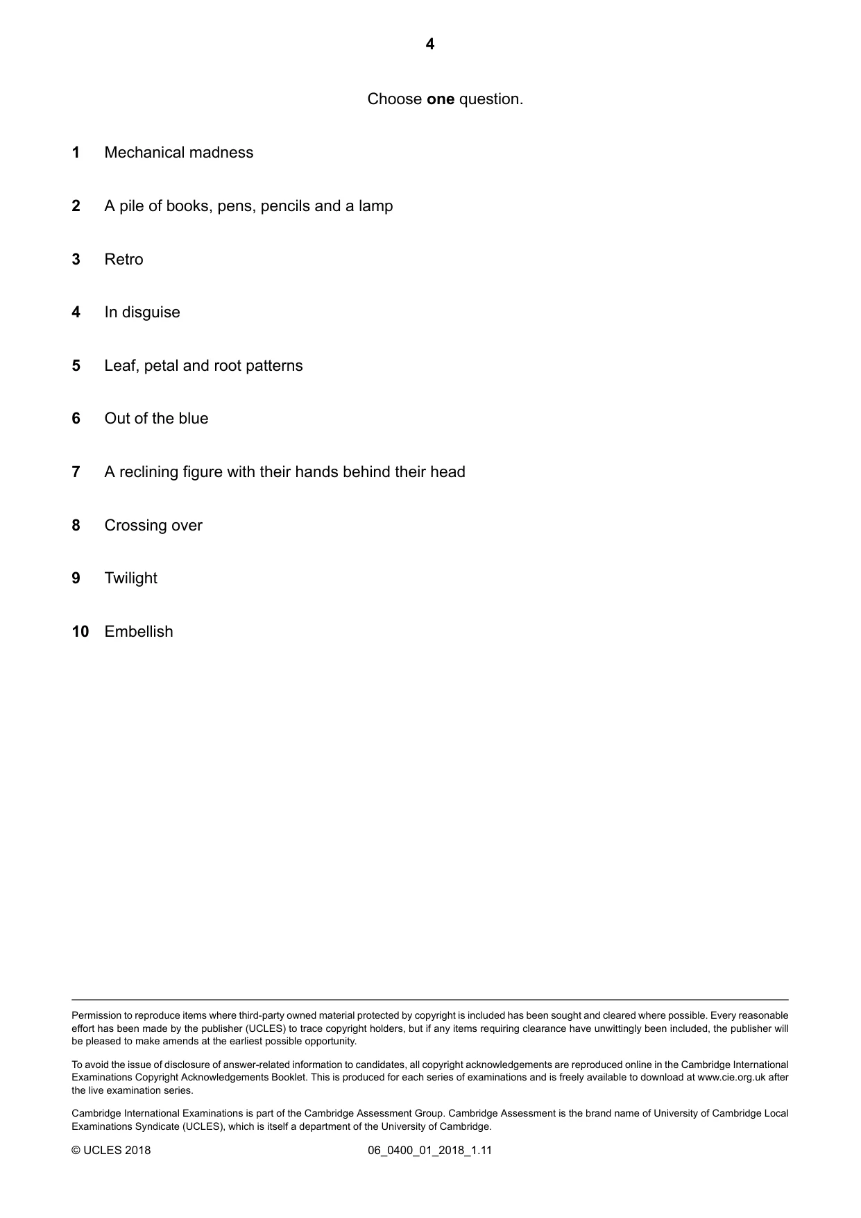 Cambridge IGCSE Art and Design 0400 2018 May/June Paper 1 · Variant 0 question paper, page 4 of 4