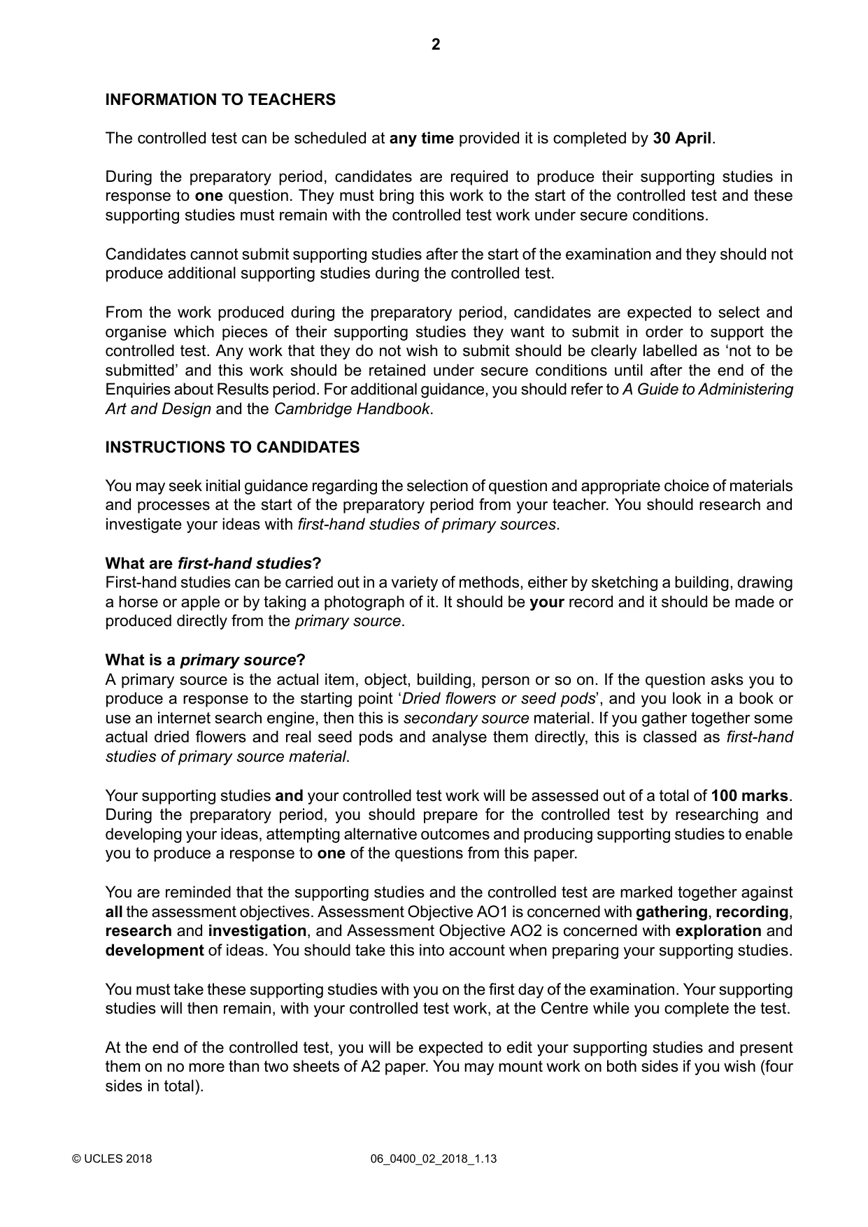 Cambridge IGCSE Art and Design 0400 2018 May/June Paper 2 · Variant 0 question paper, page 2 of 4