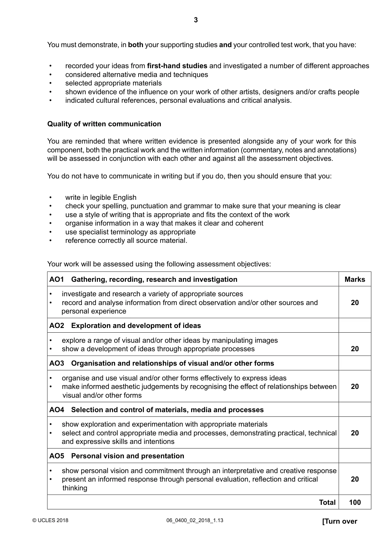 Cambridge IGCSE Art and Design 0400 2018 May/June Paper 2 · Variant 0 question paper, page 3 of 4