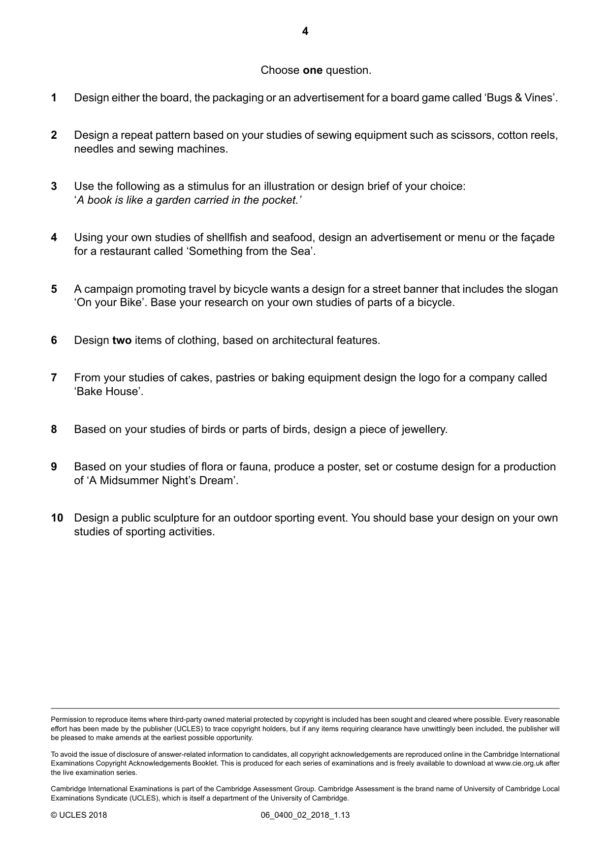 Cambridge IGCSE Art and Design 0400 2018 May/June Paper 2 · Variant 0 question paper, page 4 of 4