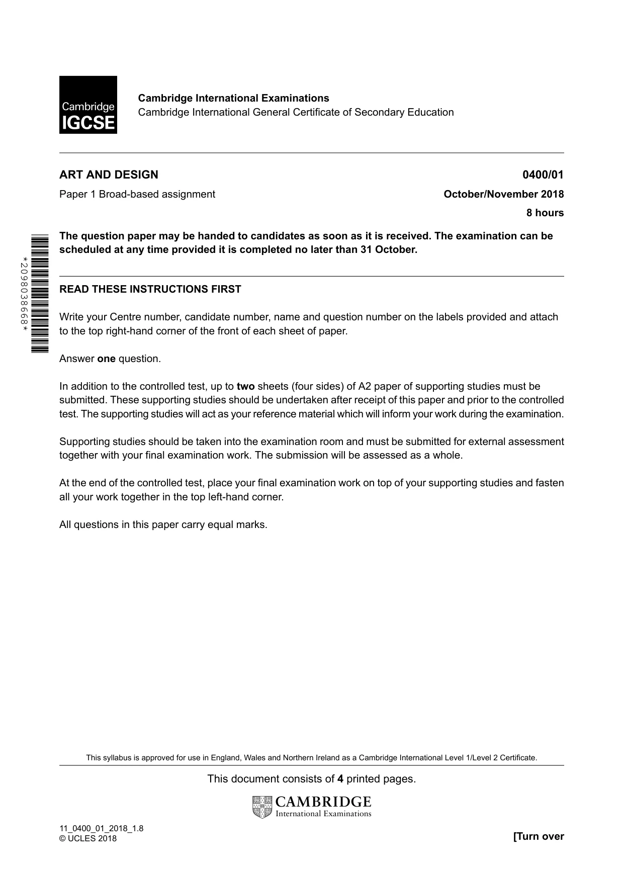 Cambridge IGCSE Art and Design 0400 2018 Oct/Nov Paper 1 · Variant 1 question paper, page 1 of 4