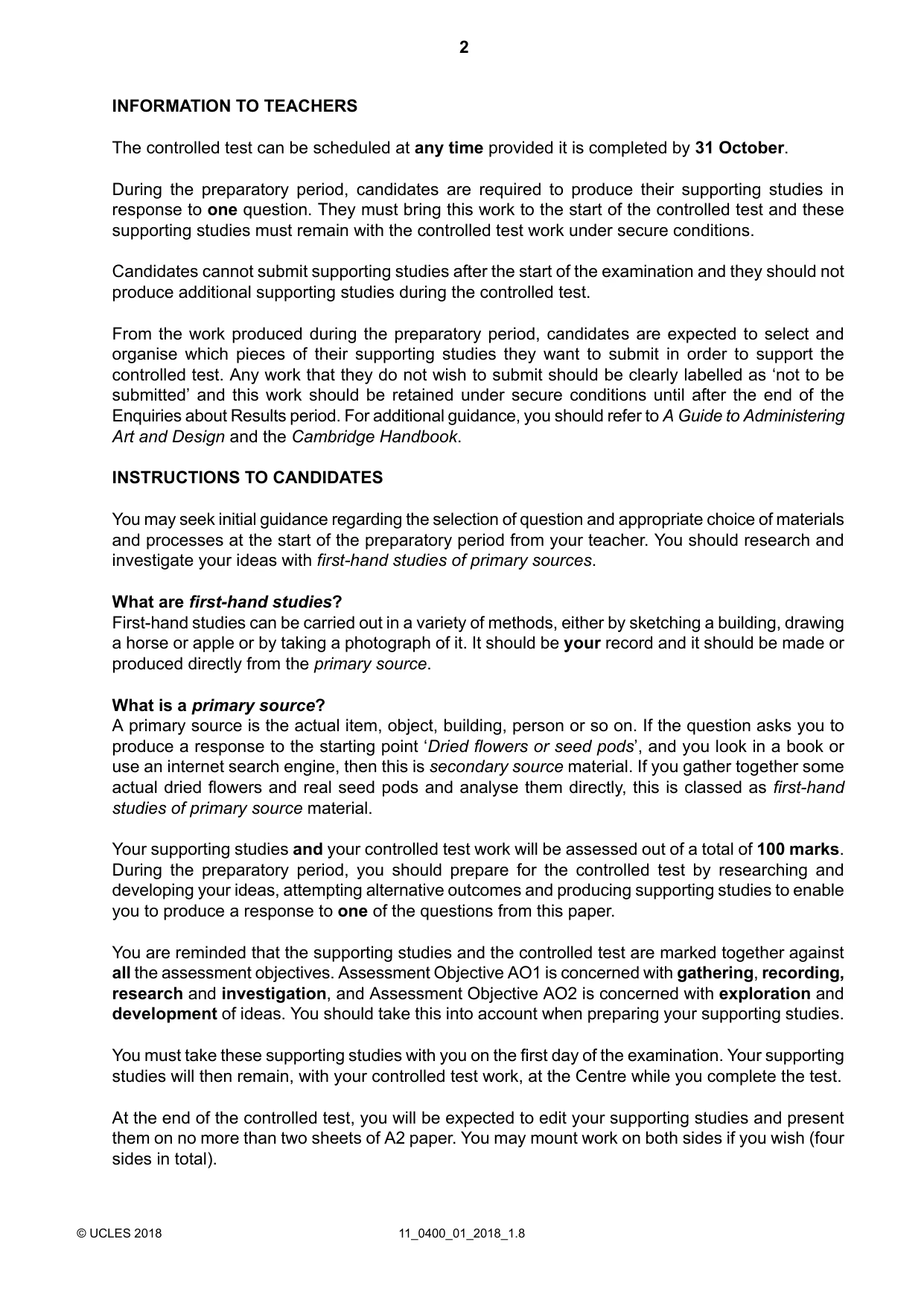 Cambridge IGCSE Art and Design 0400 2018 Oct/Nov Paper 1 · Variant 1 question paper, page 2 of 4