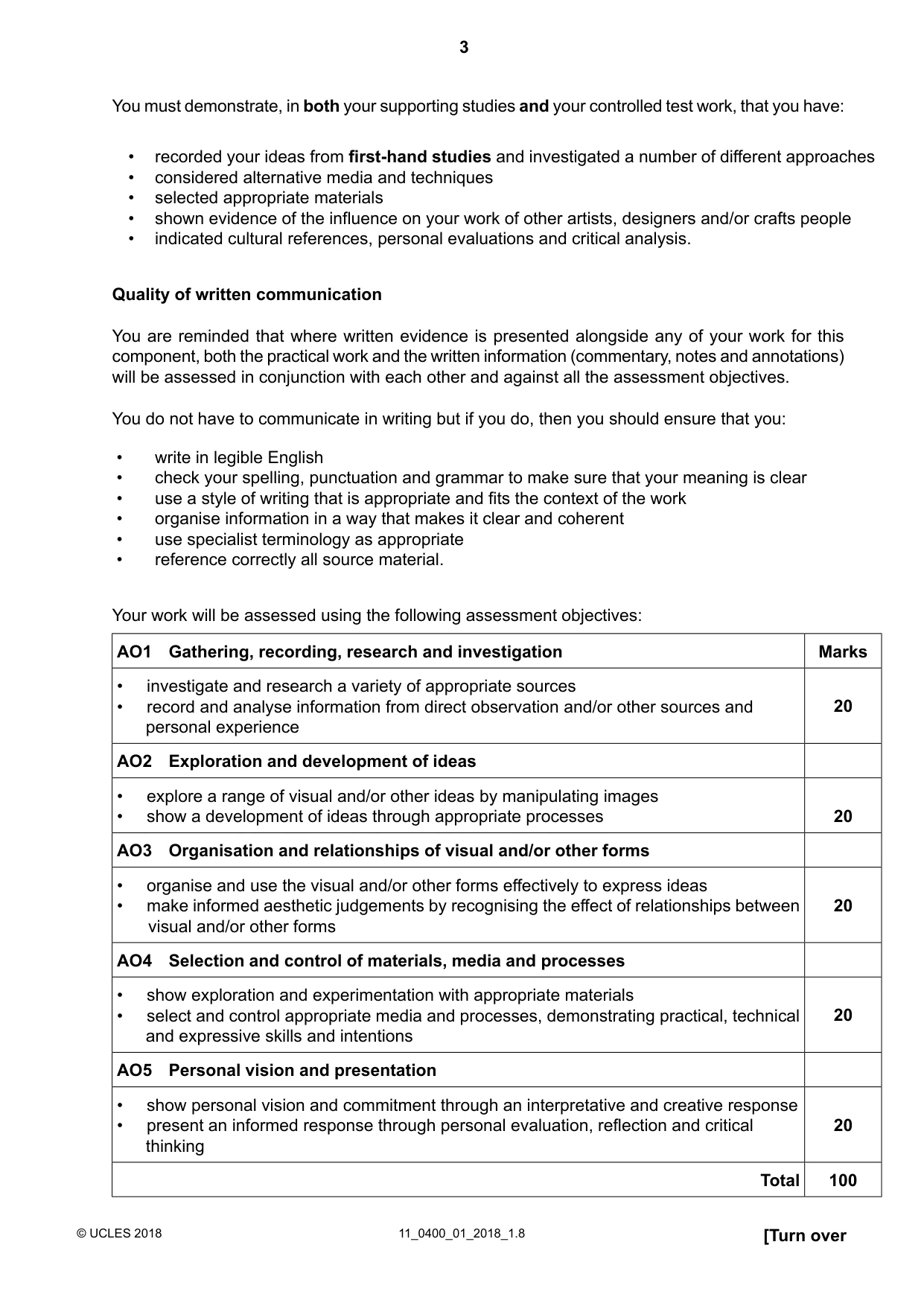 Cambridge IGCSE Art and Design 0400 2018 Oct/Nov Paper 1 · Variant 1 question paper, page 3 of 4