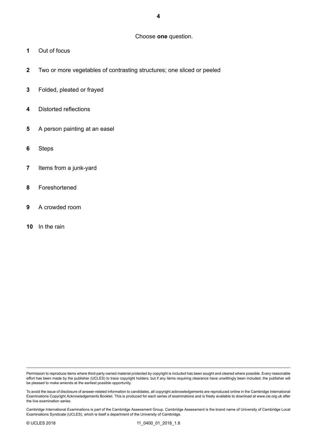 Cambridge IGCSE Art and Design 0400 2018 Oct/Nov Paper 1 · Variant 1 question paper, page 4 of 4