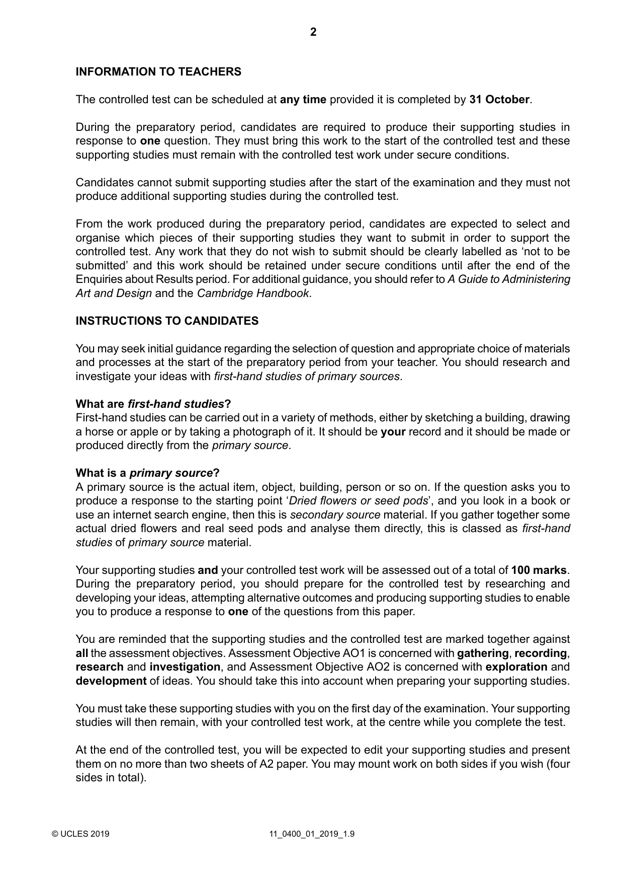 Cambridge IGCSE Art and Design 0400 2019 Oct/Nov Paper 1 · Variant 1 question paper, page 2 of 4