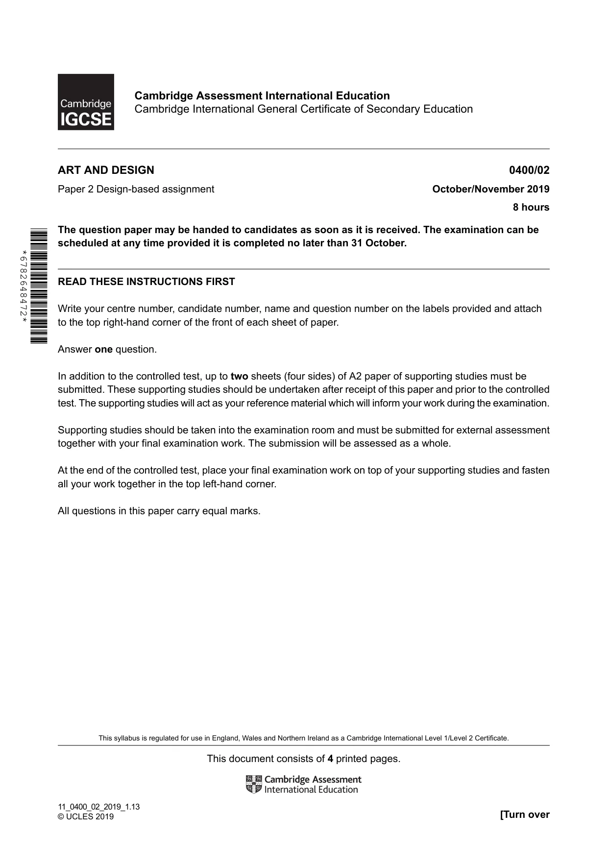 Cambridge IGCSE Art and Design 0400 2019 Oct/Nov Paper 2 · Variant 1 question paper, page 1 of 4