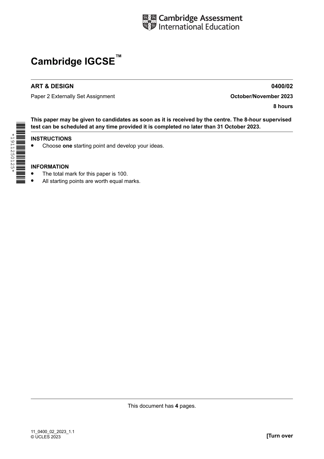Cambridge IGCSE Art and Design 0400 2023 Oct/Nov Paper 2 · Variant 0 question paper, page 1 of 4