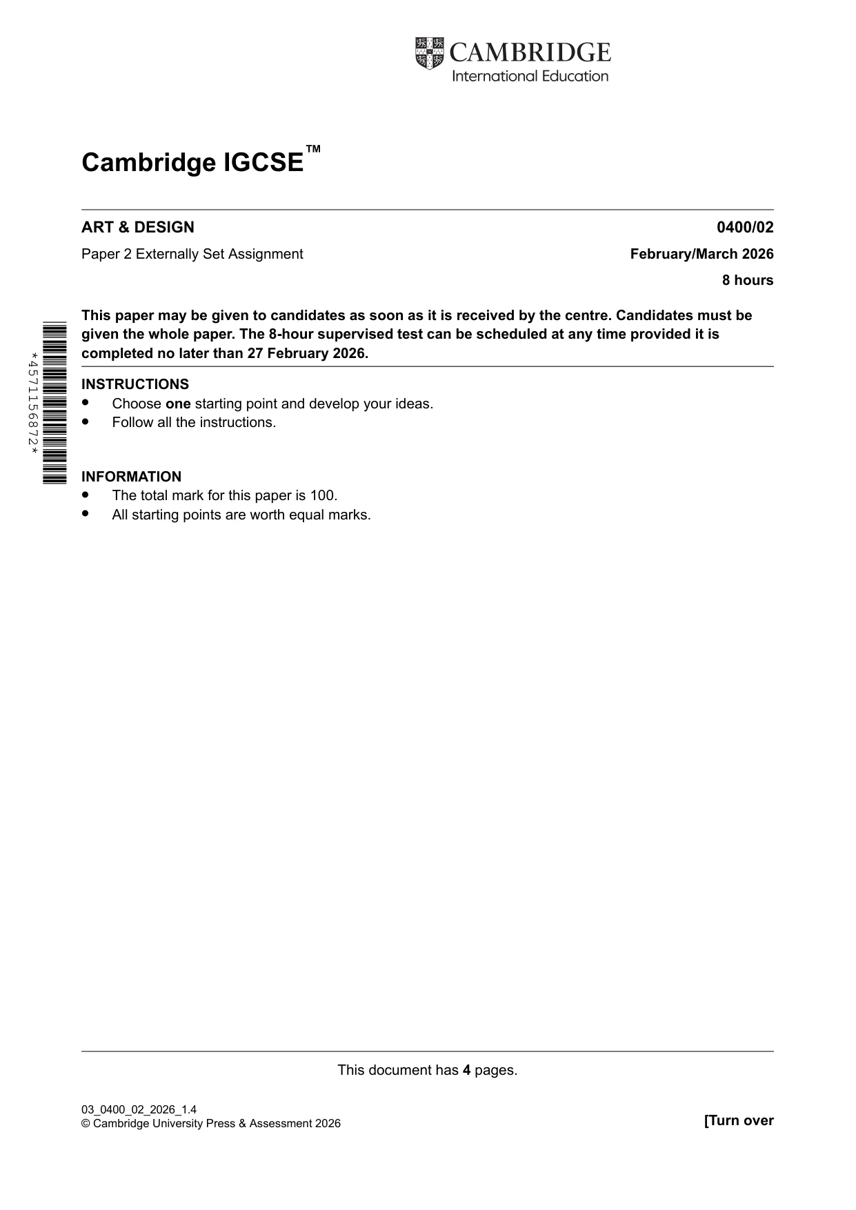 Cambridge IGCSE Art and Design 0400 2026 Feb/March Paper 2 · Variant 0 question paper, page 1 of 4