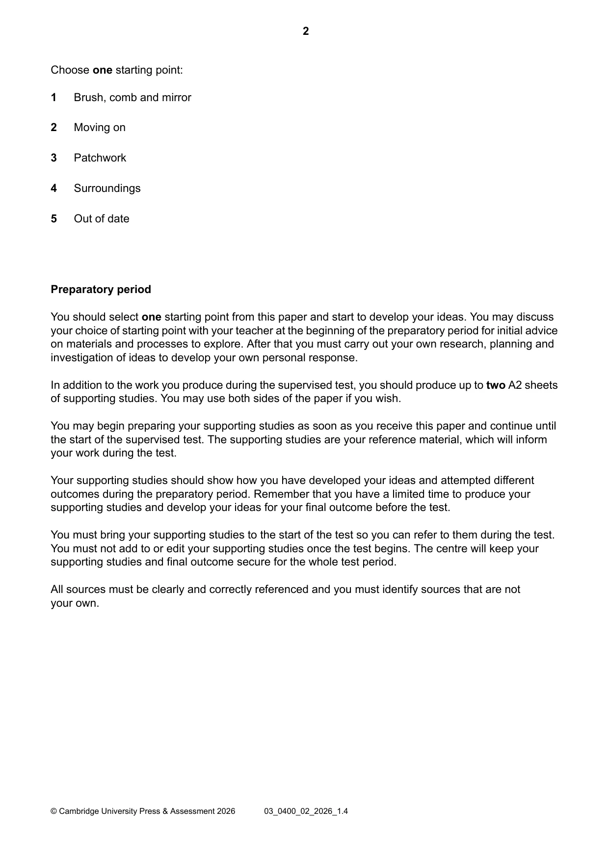 Cambridge IGCSE Art and Design 0400 2026 Feb/March Paper 2 · Variant 0 question paper, page 2 of 4