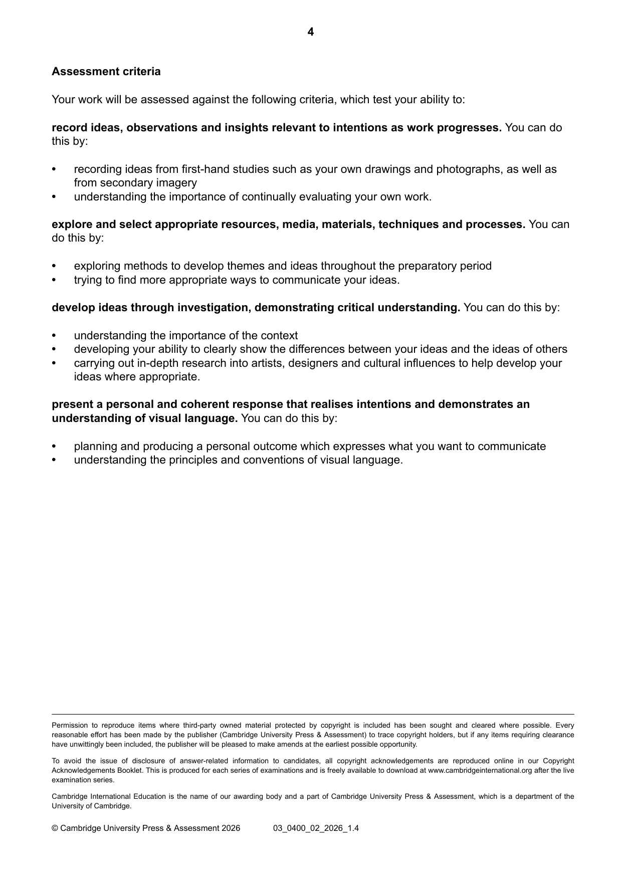 Cambridge IGCSE Art and Design 0400 2026 Feb/March Paper 2 · Variant 0 question paper, page 4 of 4