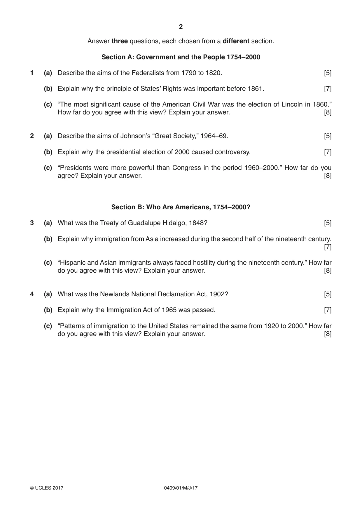 Cambridge IGCSE History American BES 0409 2017 May/June Paper 1 · Variant 1 question paper, page 2 of 4