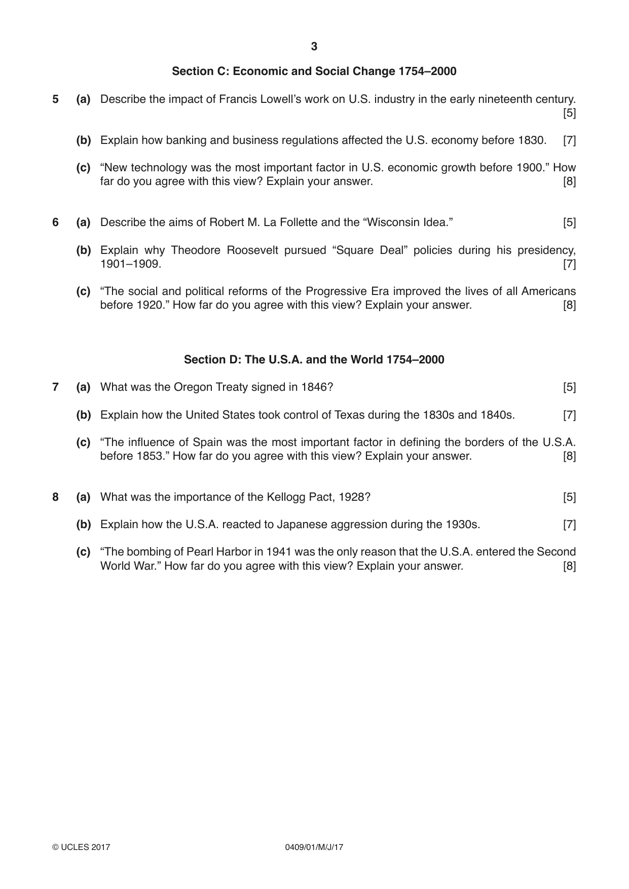 Cambridge IGCSE History American BES 0409 2017 May/June Paper 1 · Variant 1 question paper, page 3 of 4