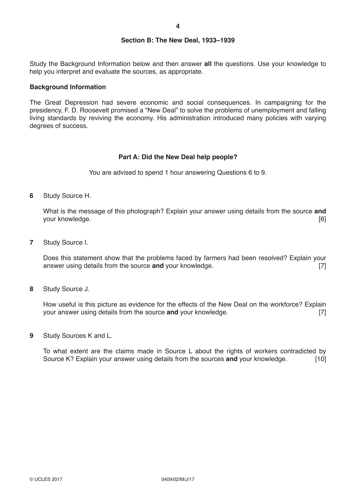 Cambridge IGCSE History American BES 0409 2017 May/June Paper 2 · Variant 1 question paper, page 4 of 8