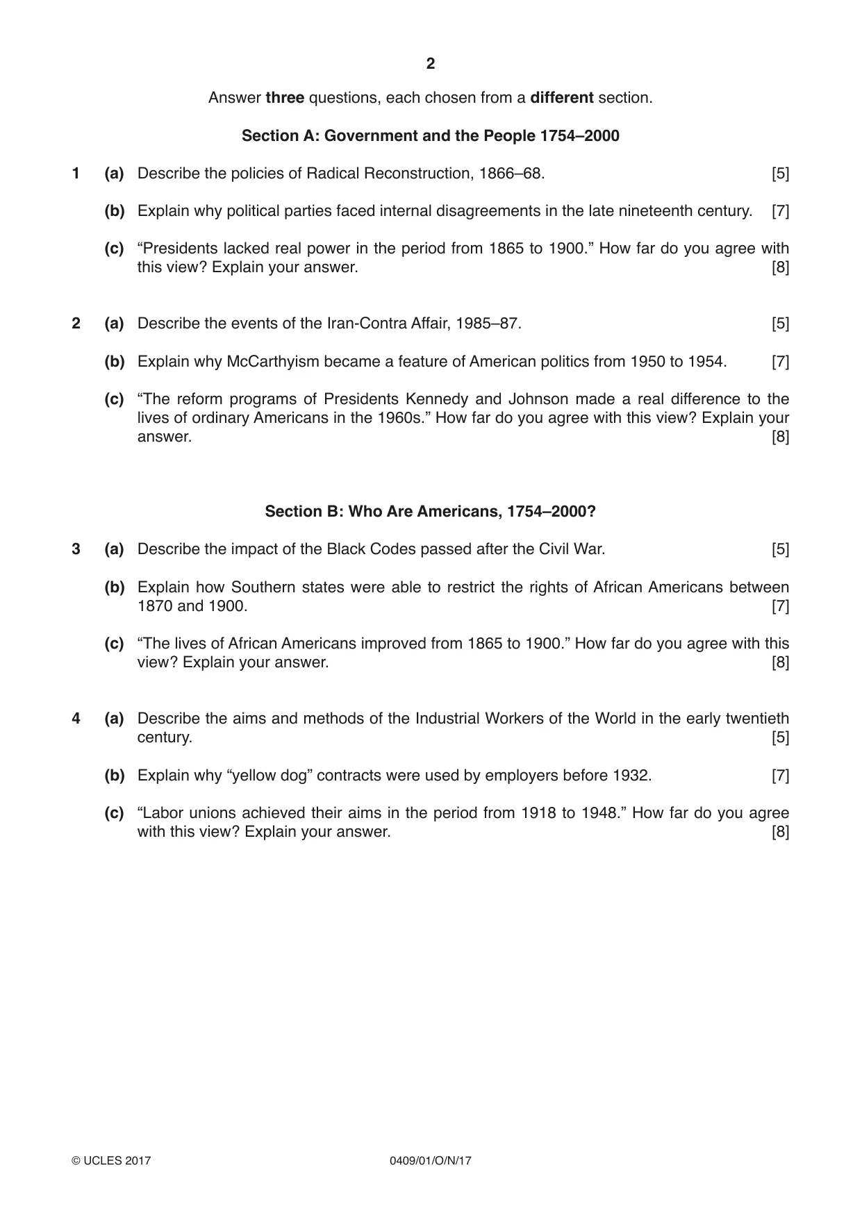 Cambridge IGCSE History American BES 0409 2017 Oct/Nov Paper 1 · Variant 1 question paper, page 2 of 4