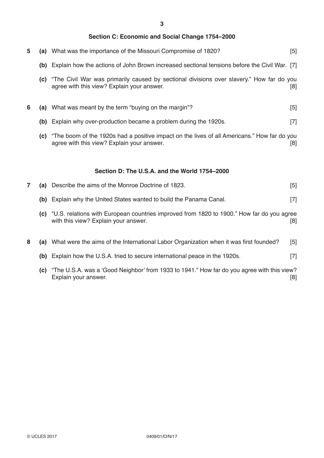 Cambridge IGCSE History American BES 0409 2017 Oct/Nov Paper 1 · Variant 1 question paper, page 3 of 4