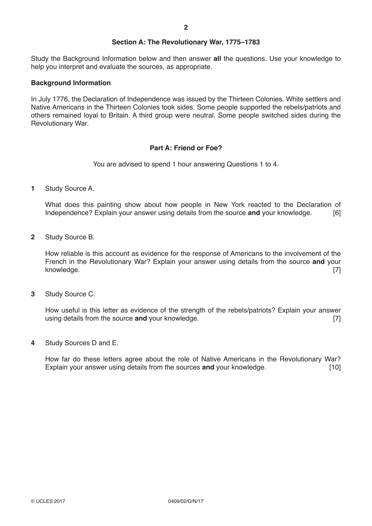 Cambridge IGCSE History American BES 0409 2017 Oct/Nov Paper 2 · Variant 1 question paper, page 2 of 8