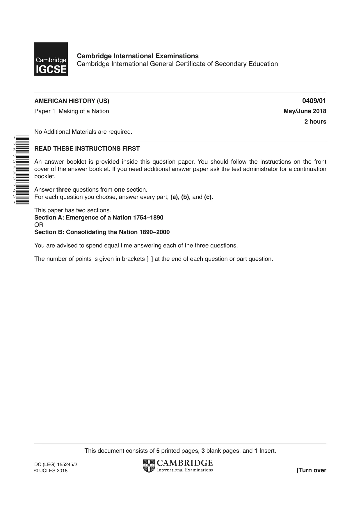Cambridge IGCSE History American BES 0409 2018 May/June Paper 1 · Variant 0 question paper, page 1 of 8