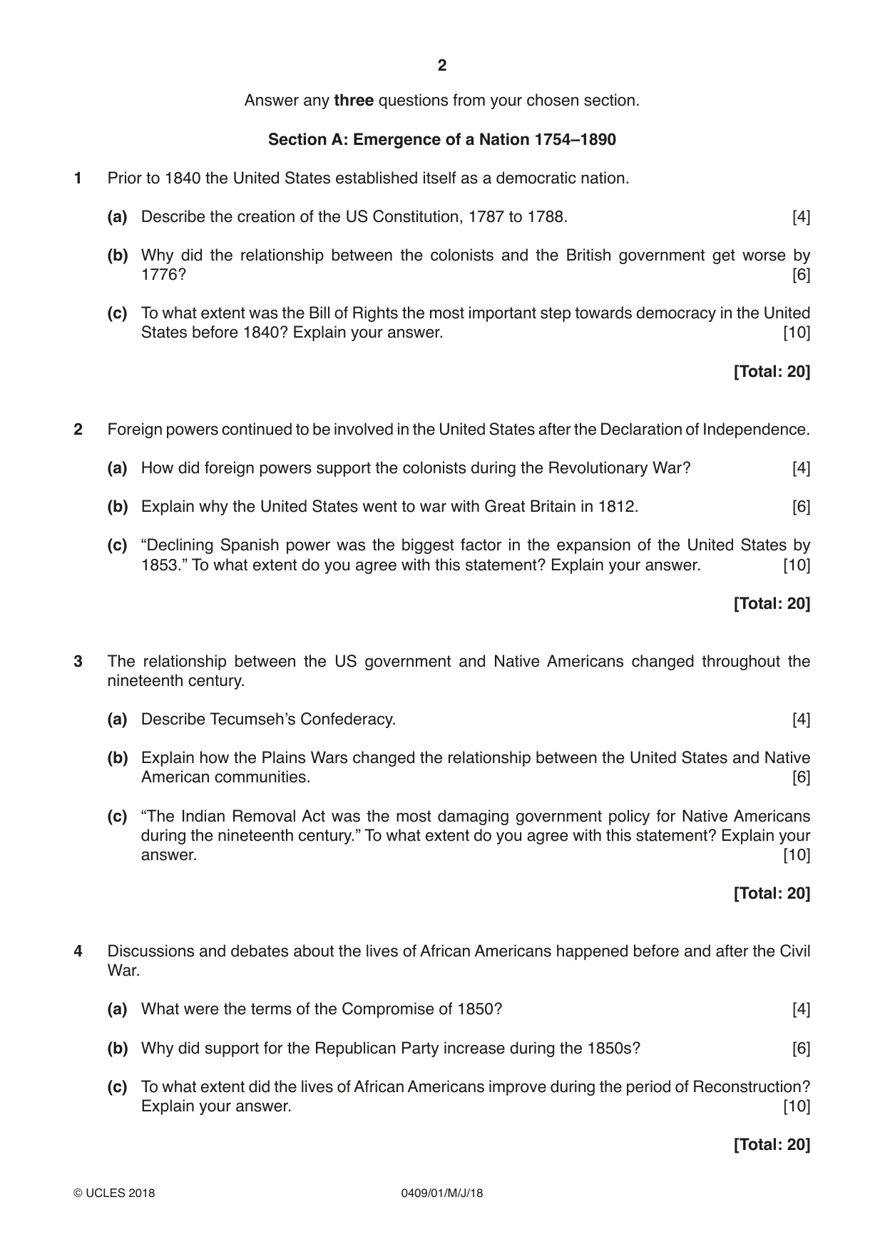 Cambridge IGCSE History American BES 0409 2018 May/June Paper 1 · Variant 0 question paper, page 2 of 8