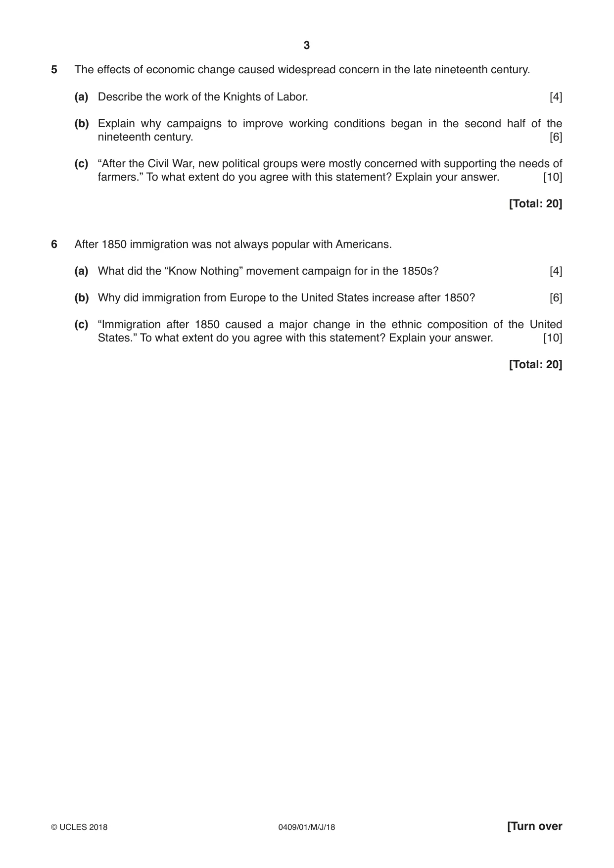 Cambridge IGCSE History American BES 0409 2018 May/June Paper 1 · Variant 0 question paper, page 3 of 8