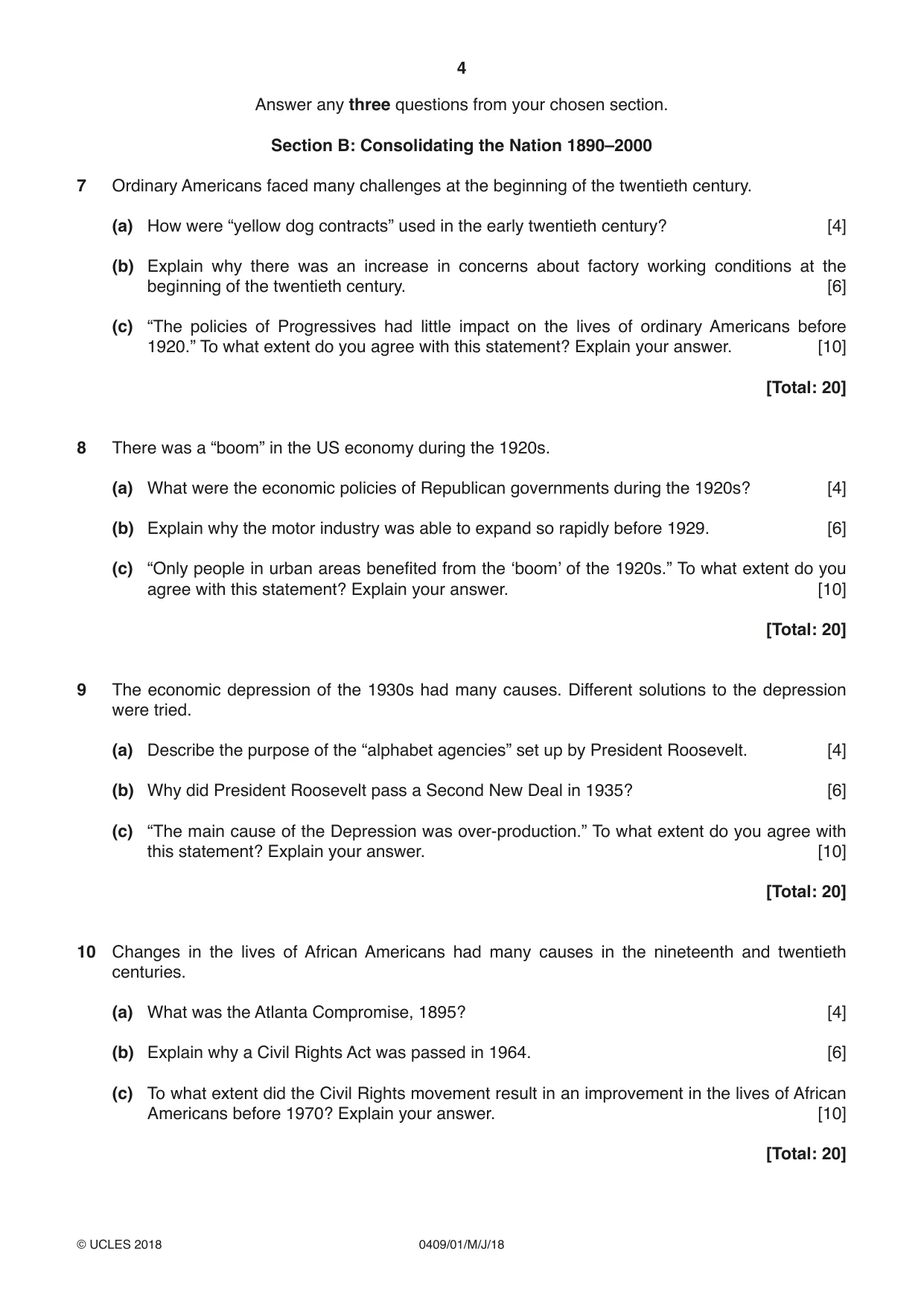Cambridge IGCSE History American BES 0409 2018 May/June Paper 1 · Variant 0 question paper, page 4 of 8