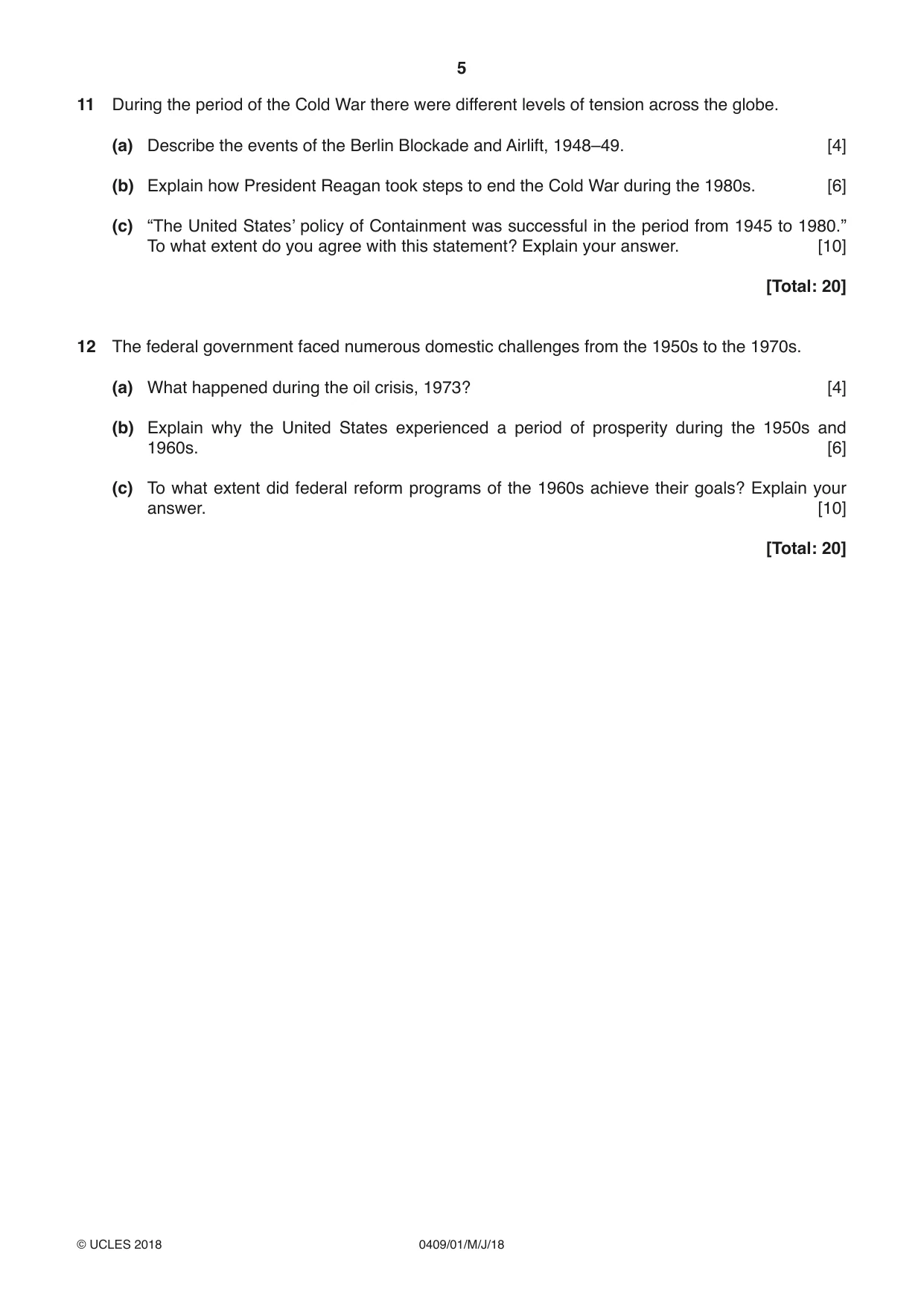 Cambridge IGCSE History American BES 0409 2018 May/June Paper 1 · Variant 0 question paper, page 5 of 8