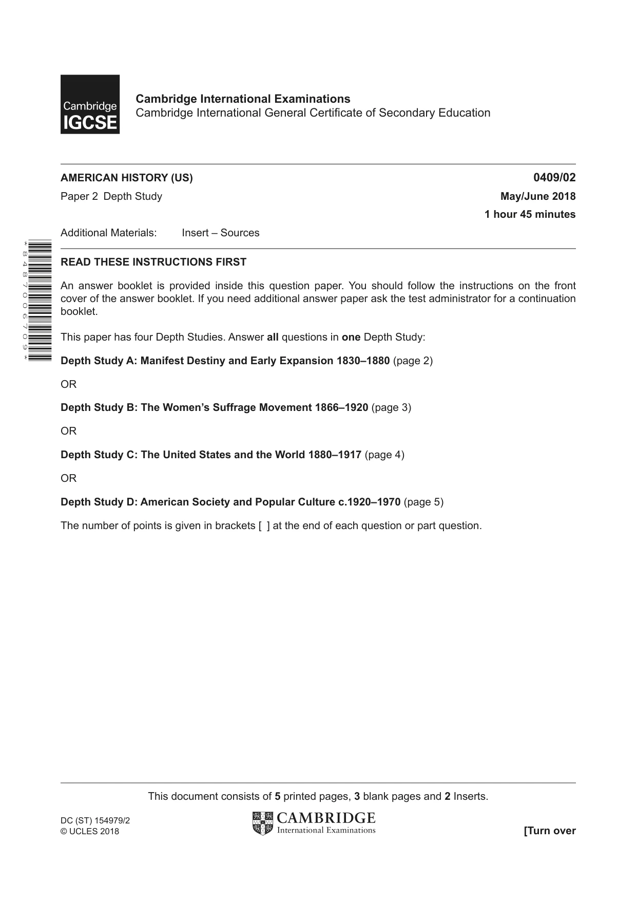 Cambridge IGCSE History American BES 0409 2018 May/June Paper 2 · Variant 0 question paper, page 1 of 8