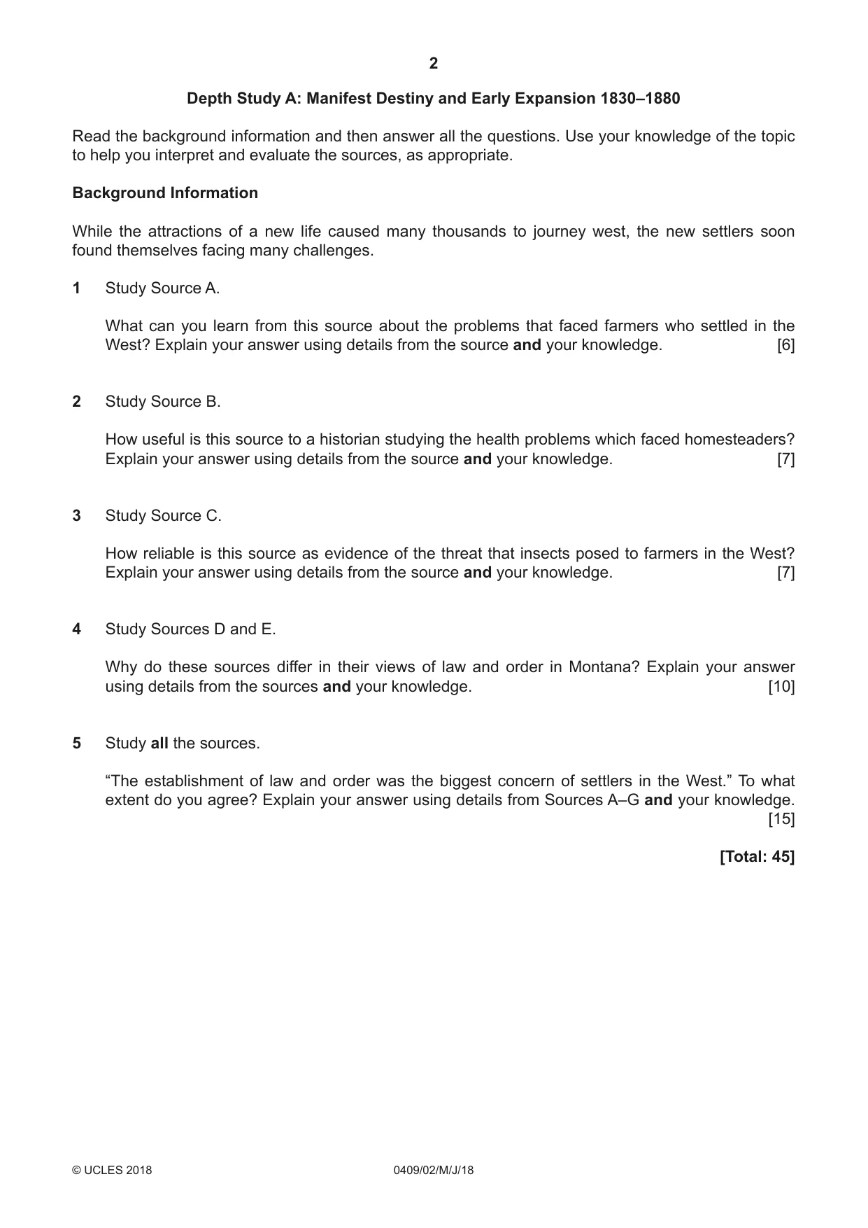 Cambridge IGCSE History American BES 0409 2018 May/June Paper 2 · Variant 0 question paper, page 2 of 8