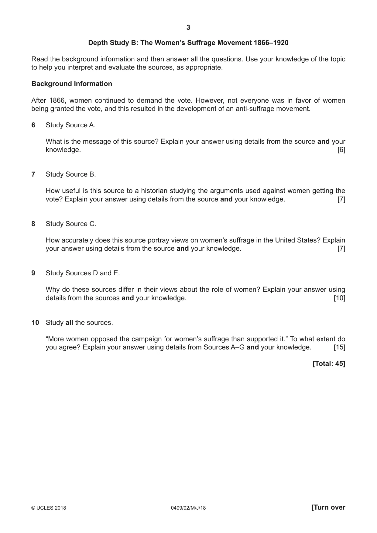 Cambridge IGCSE History American BES 0409 2018 May/June Paper 2 · Variant 0 question paper, page 3 of 8