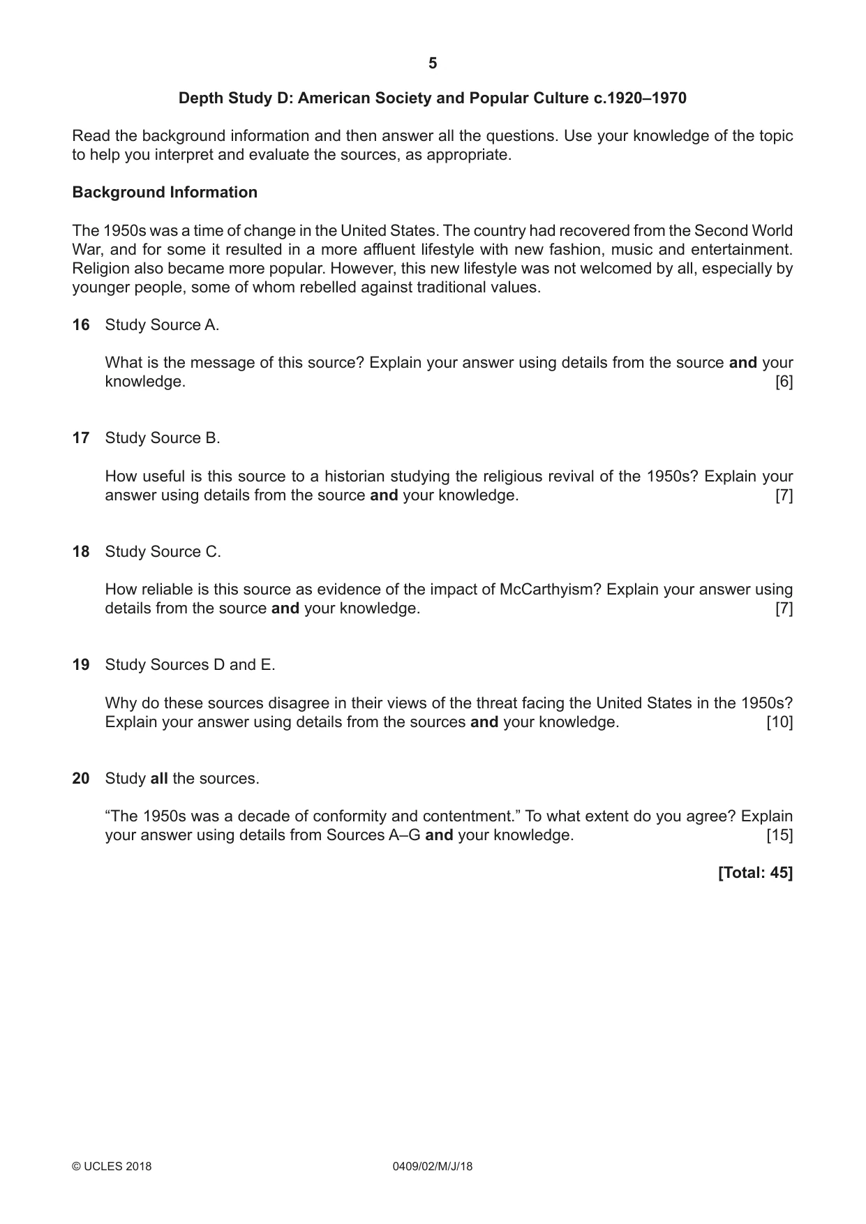 Cambridge IGCSE History American BES 0409 2018 May/June Paper 2 · Variant 0 question paper, page 5 of 8