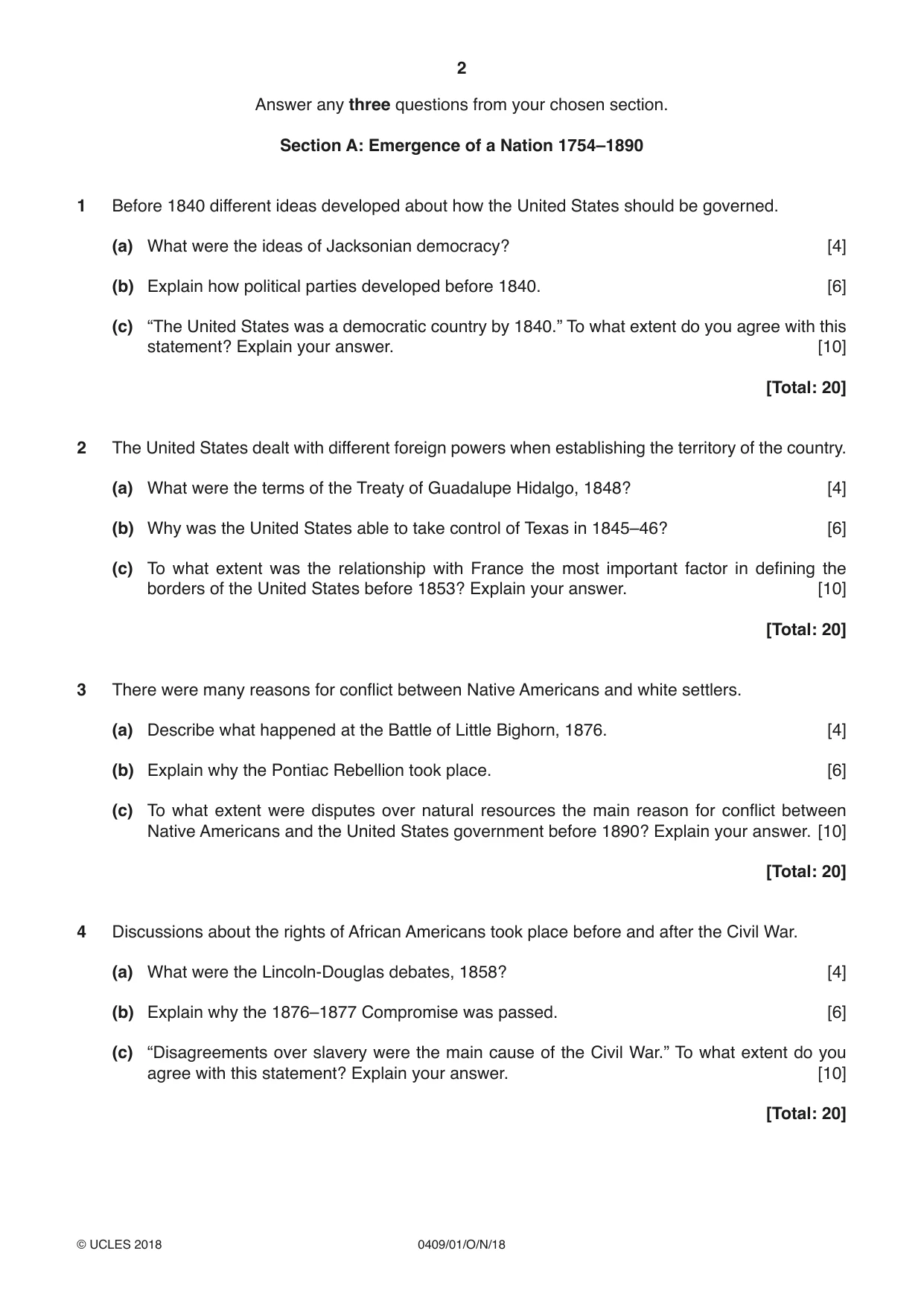 Cambridge IGCSE History American BES 0409 2018 Oct/Nov Paper 1 · Variant 0 question paper, page 2 of 8