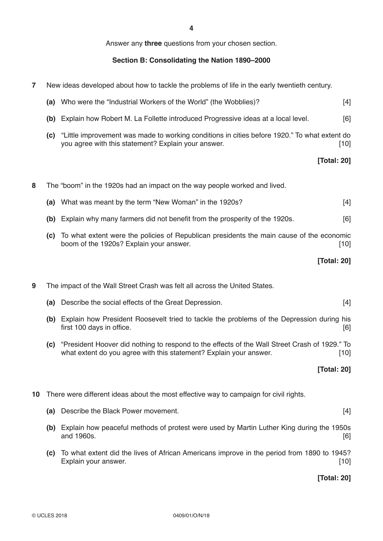 Cambridge IGCSE History American BES 0409 2018 Oct/Nov Paper 1 · Variant 0 question paper, page 4 of 8