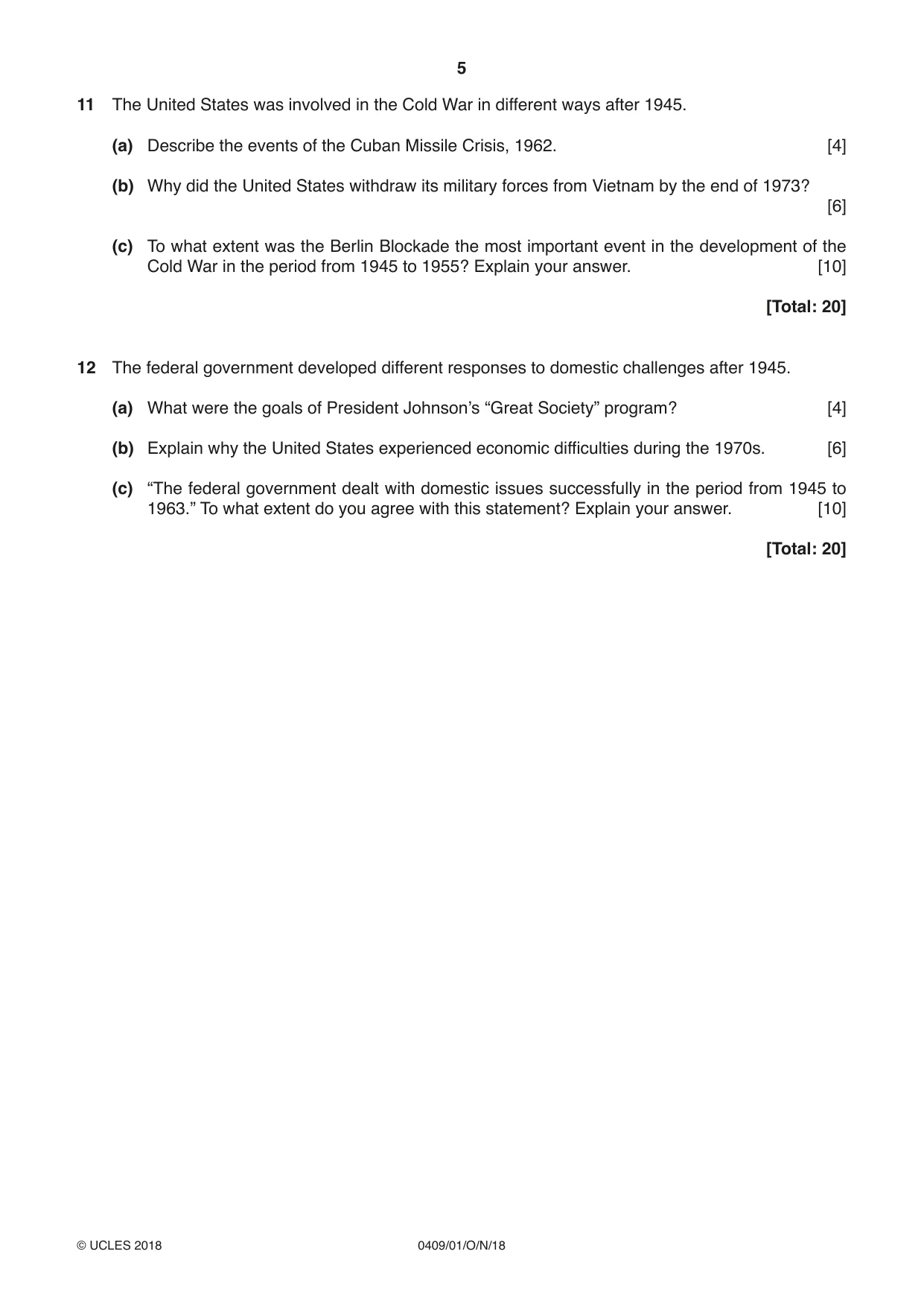 Cambridge IGCSE History American BES 0409 2018 Oct/Nov Paper 1 · Variant 0 question paper, page 5 of 8