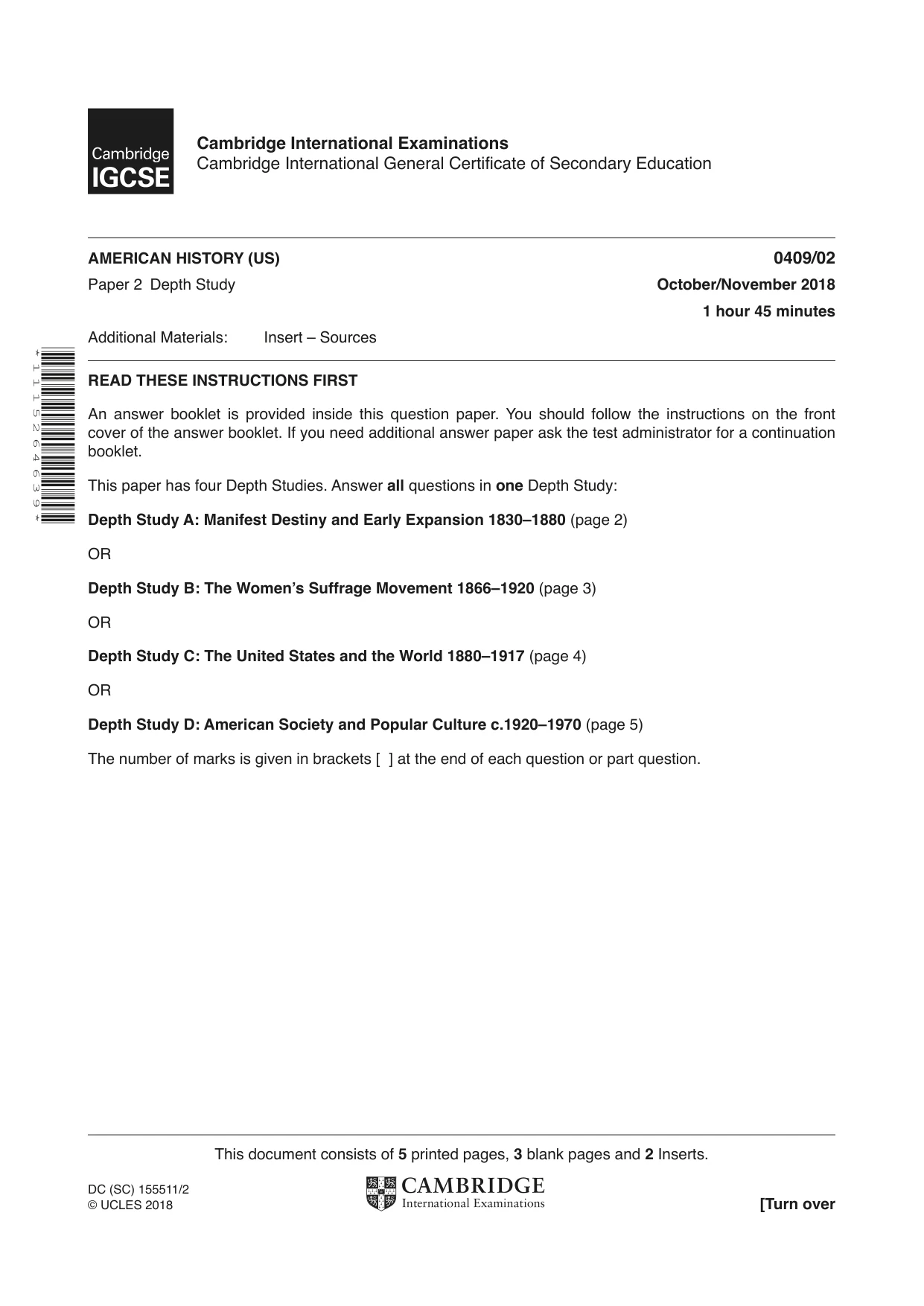 Cambridge IGCSE History American BES 0409 2018 Oct/Nov Paper 2 · Variant 0 question paper, page 1 of 8