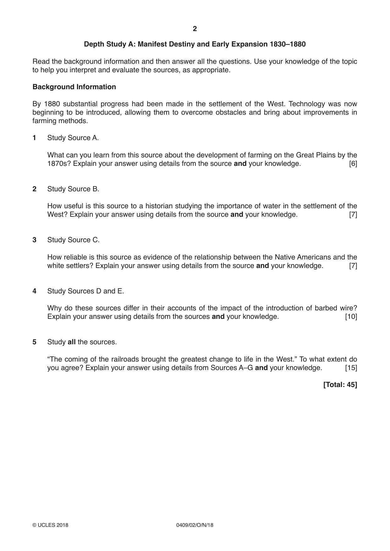 Cambridge IGCSE History American BES 0409 2018 Oct/Nov Paper 2 · Variant 0 question paper, page 2 of 8