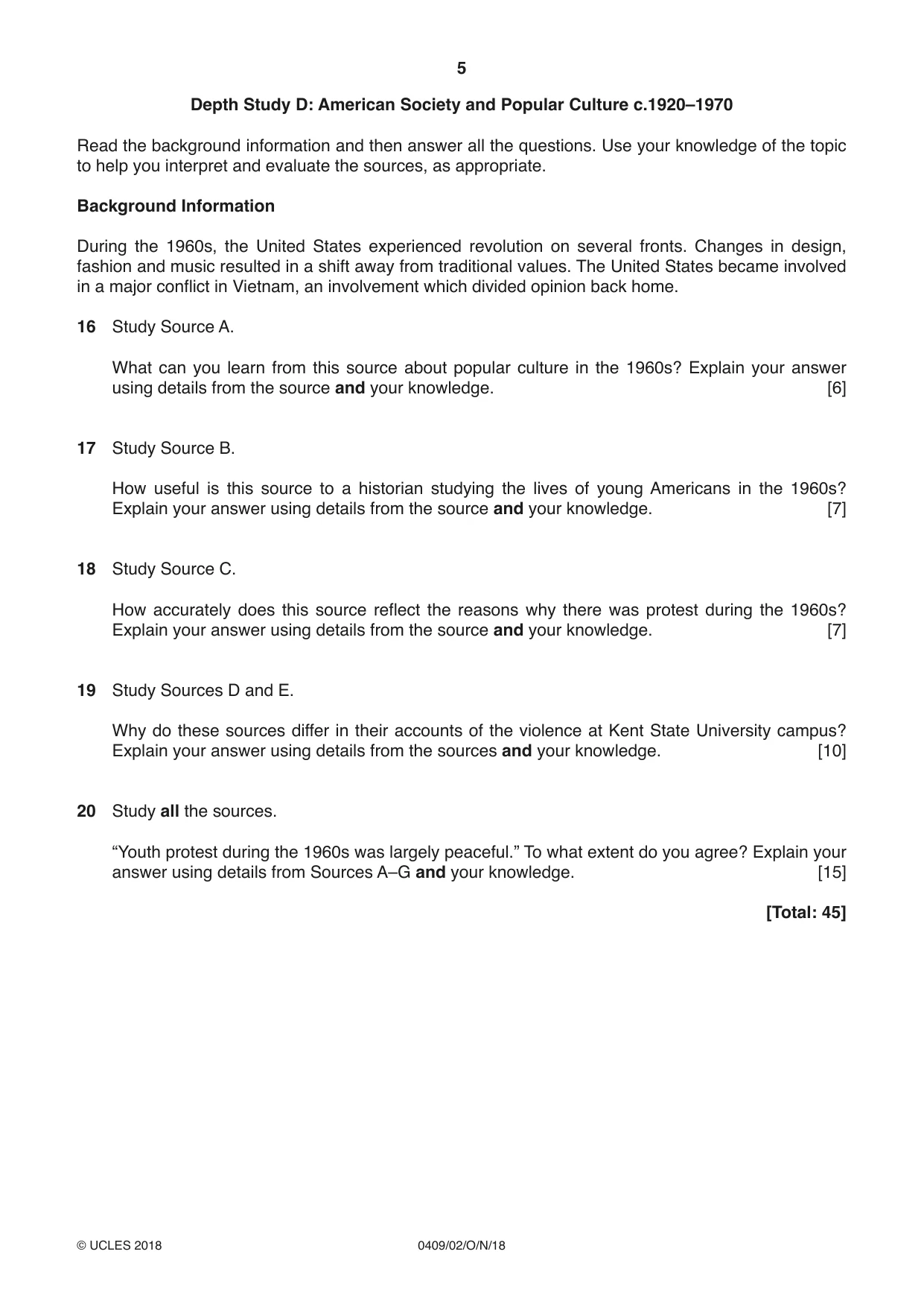 Cambridge IGCSE History American BES 0409 2018 Oct/Nov Paper 2 · Variant 0 question paper, page 5 of 8