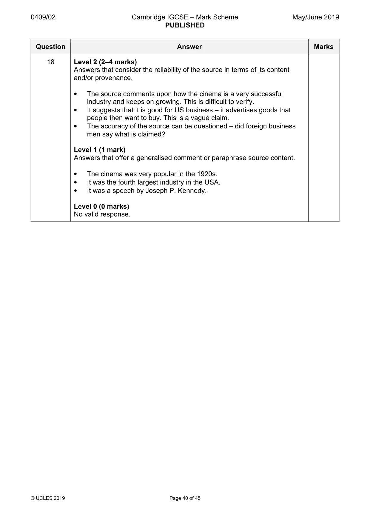 Mark scheme, page 40 of 45