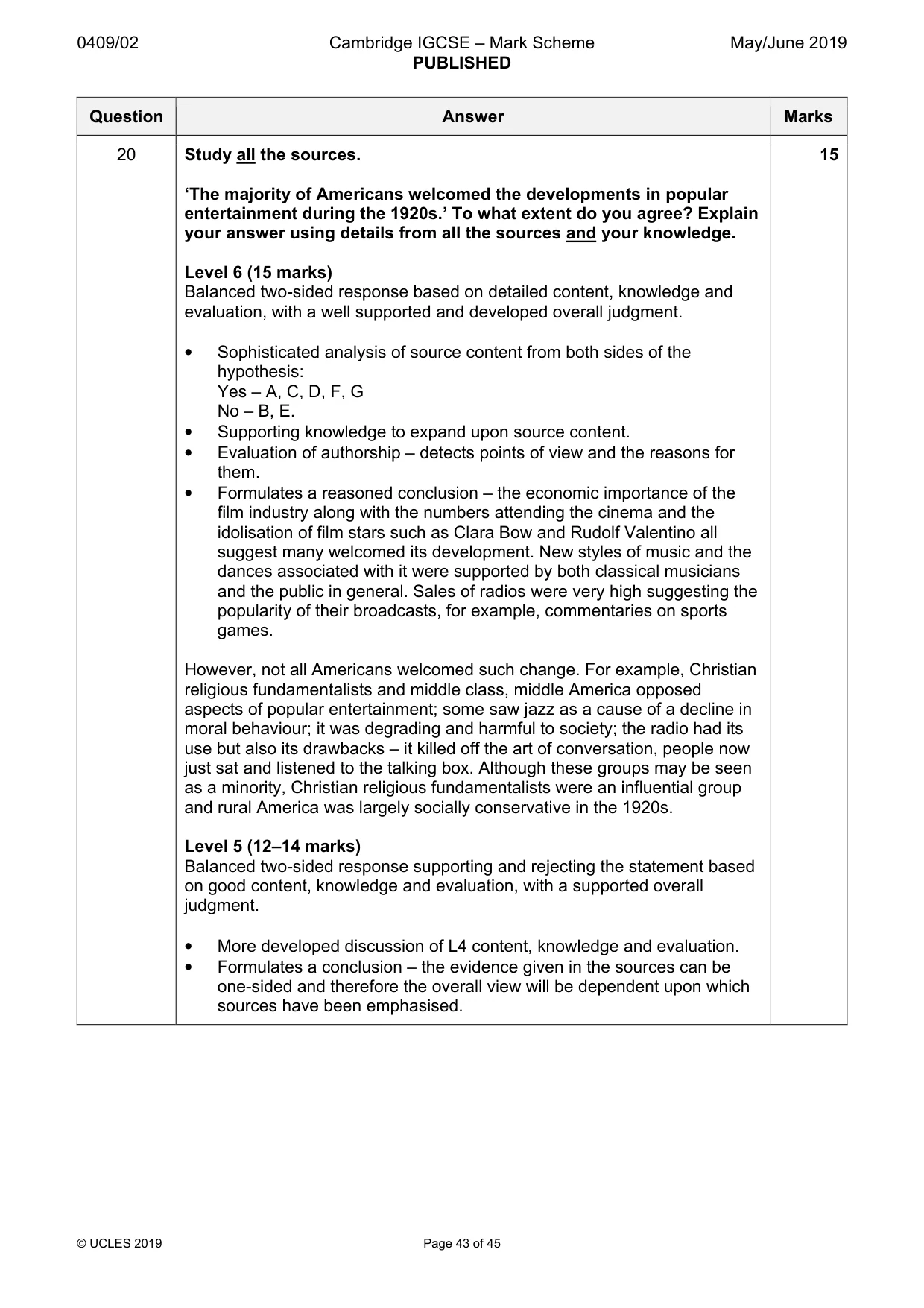Mark scheme, page 43 of 45