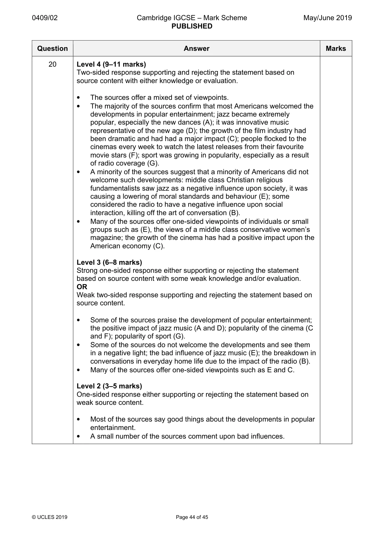 Mark scheme, page 44 of 45
