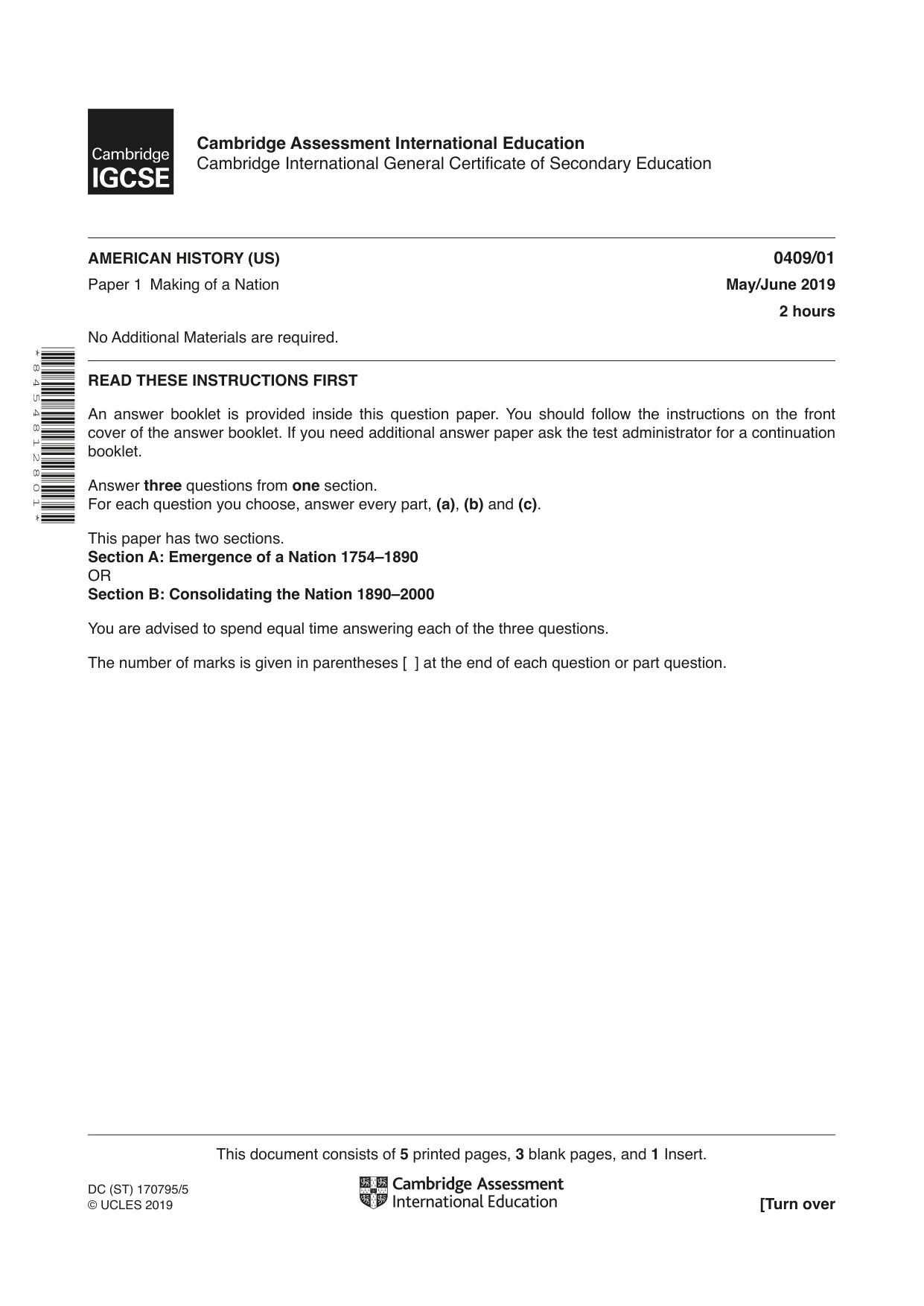 Cambridge IGCSE History American BES 0409 2019 May/June Paper 1 · Variant 1 question paper, page 1 of 8